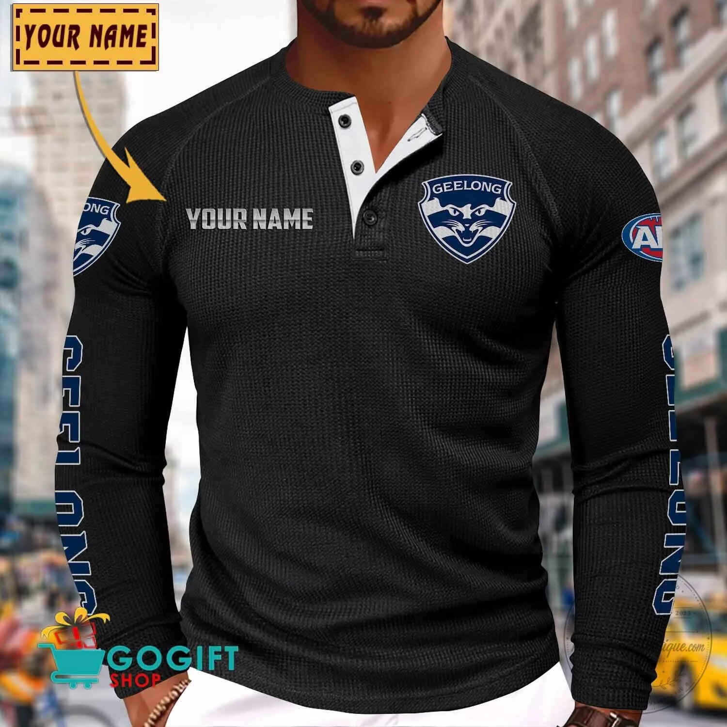 Geelong Cats Football Club Personalized Long Sleeve Henley Shirt