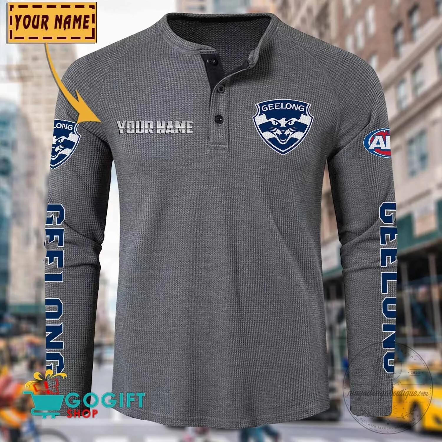 Geelong Cats Football Club Personalized Long Sleeve Henley Shirt 18 Geelong Cats Football Club Personalized Long Sleeve Henley Shirt