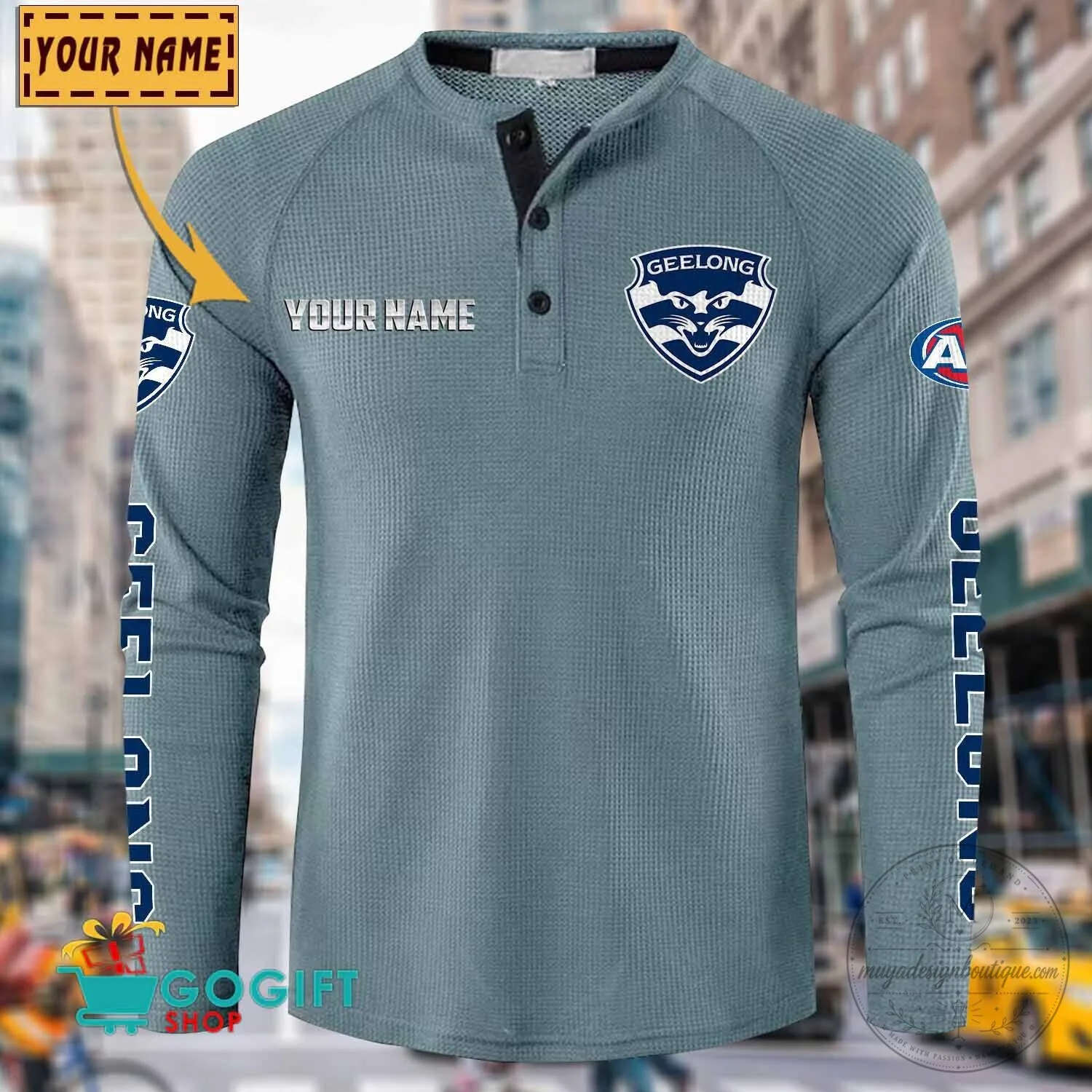 Geelong Cats Football Club Personalized Long Sleeve Henley Shirt 22 Geelong Cats Football Club Personalized Long Sleeve Henley Shirt