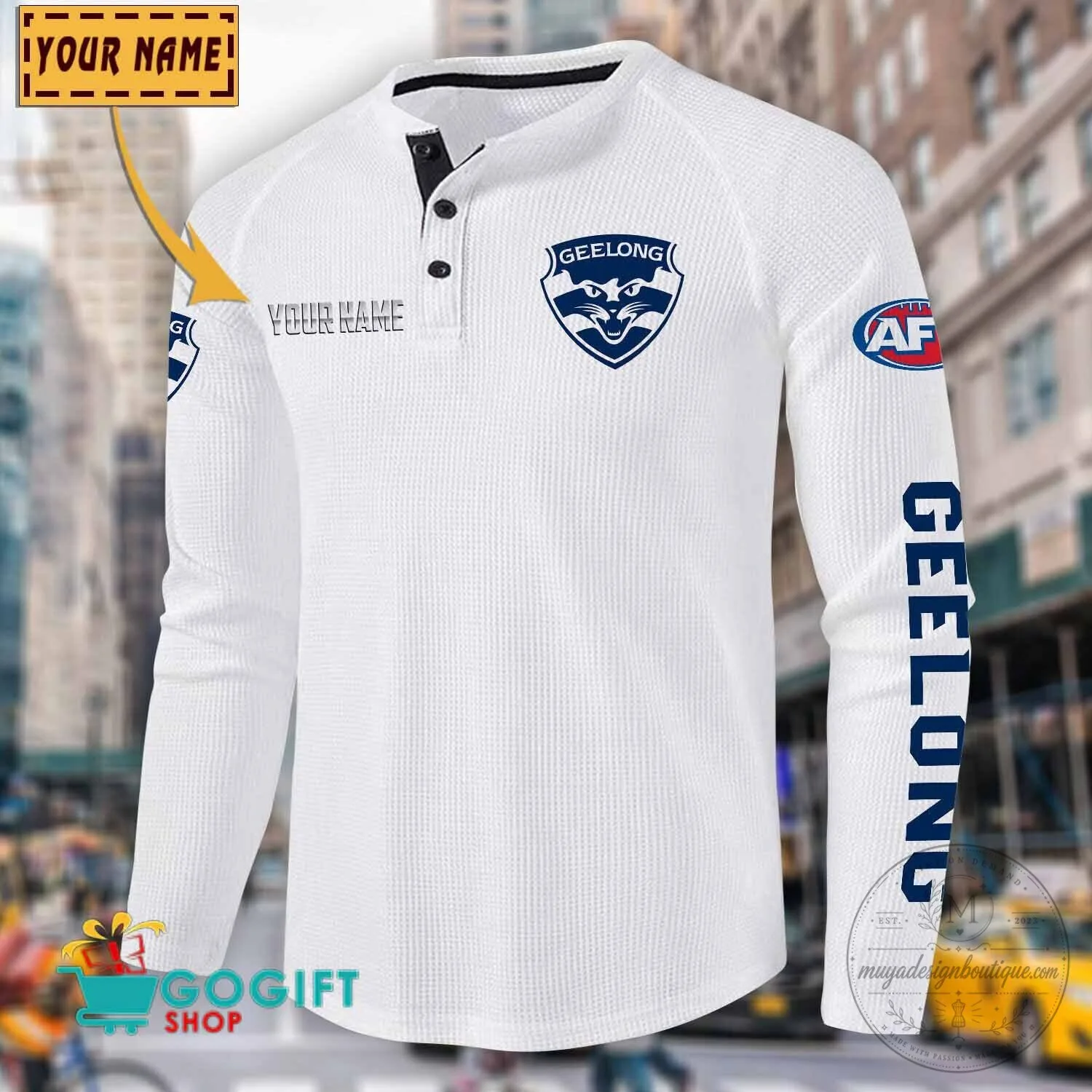 Geelong Cats Football Club Personalized Long Sleeve Henley Shirt 23 Geelong Cats Football Club Personalized Long Sleeve Henley Shirt