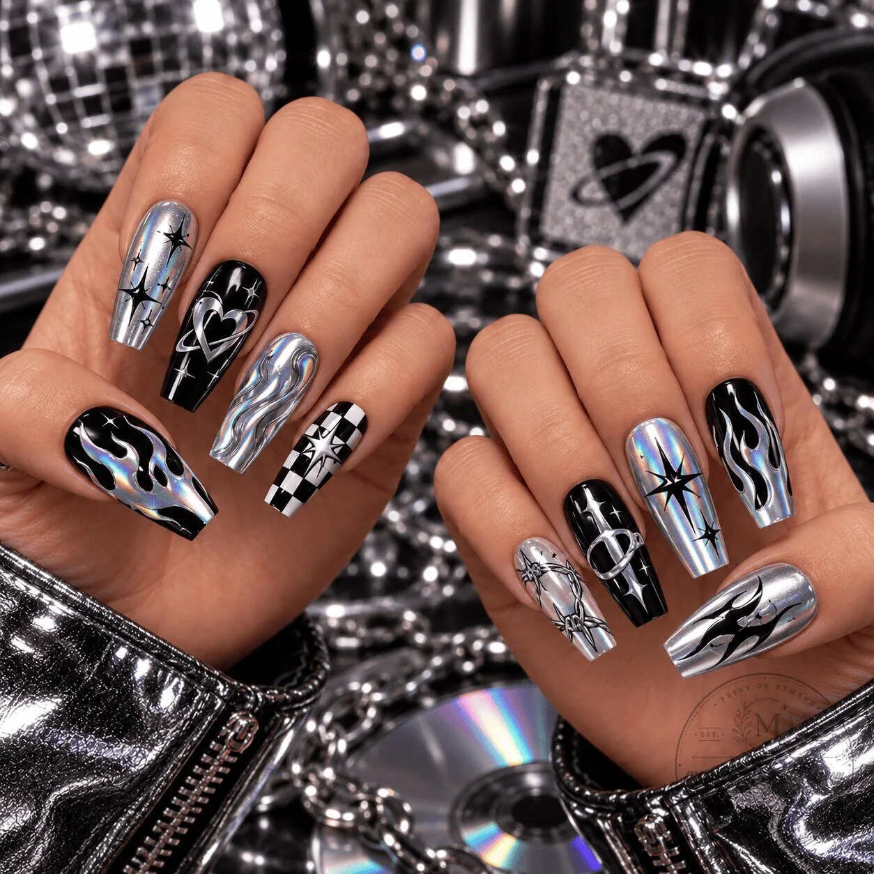 Y2K Press-On Nail Set with Flames and Hearts in Silver Cyber Chrome Finish