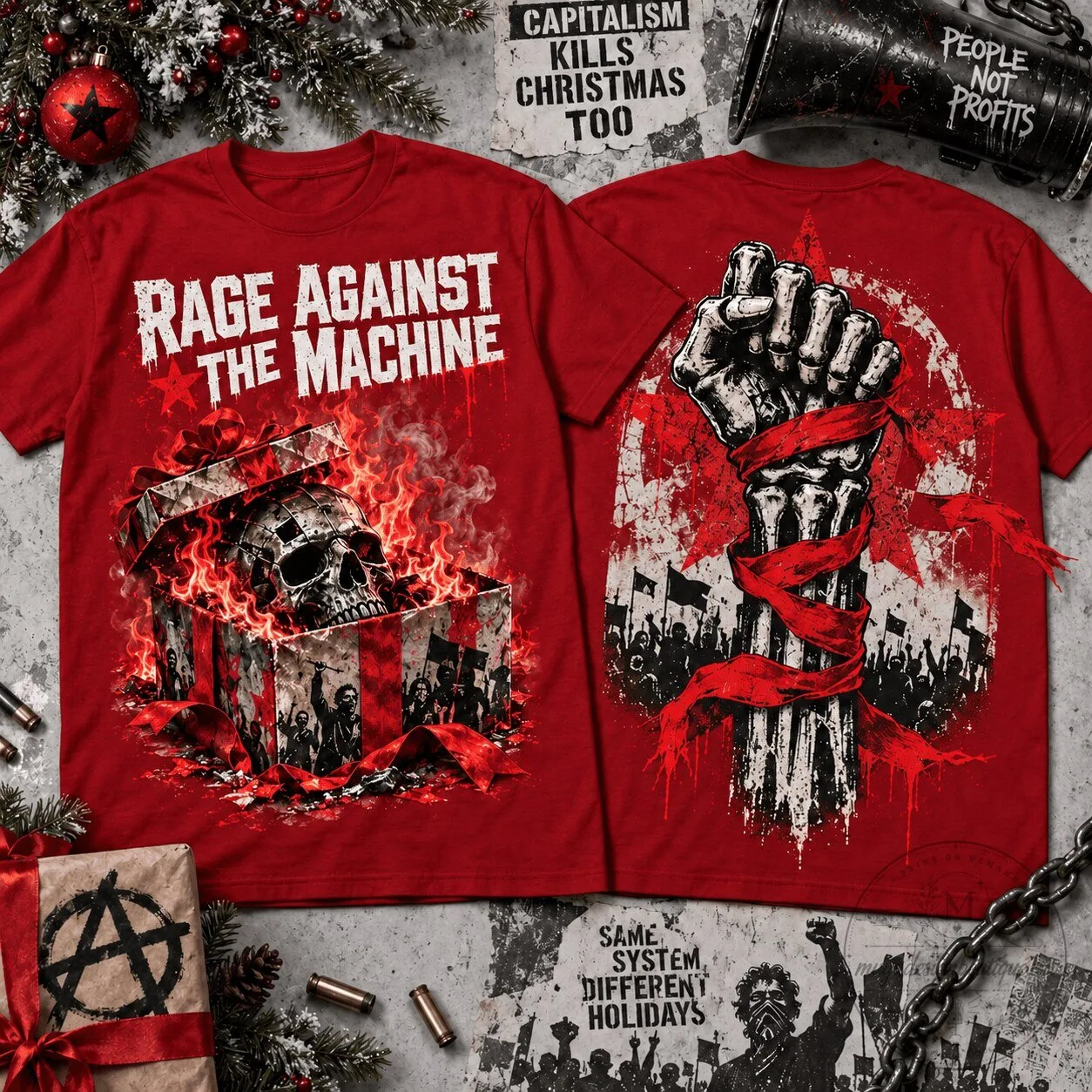 Rage Against The Machine Burning Skull Christmas Rock Band T-Shirt