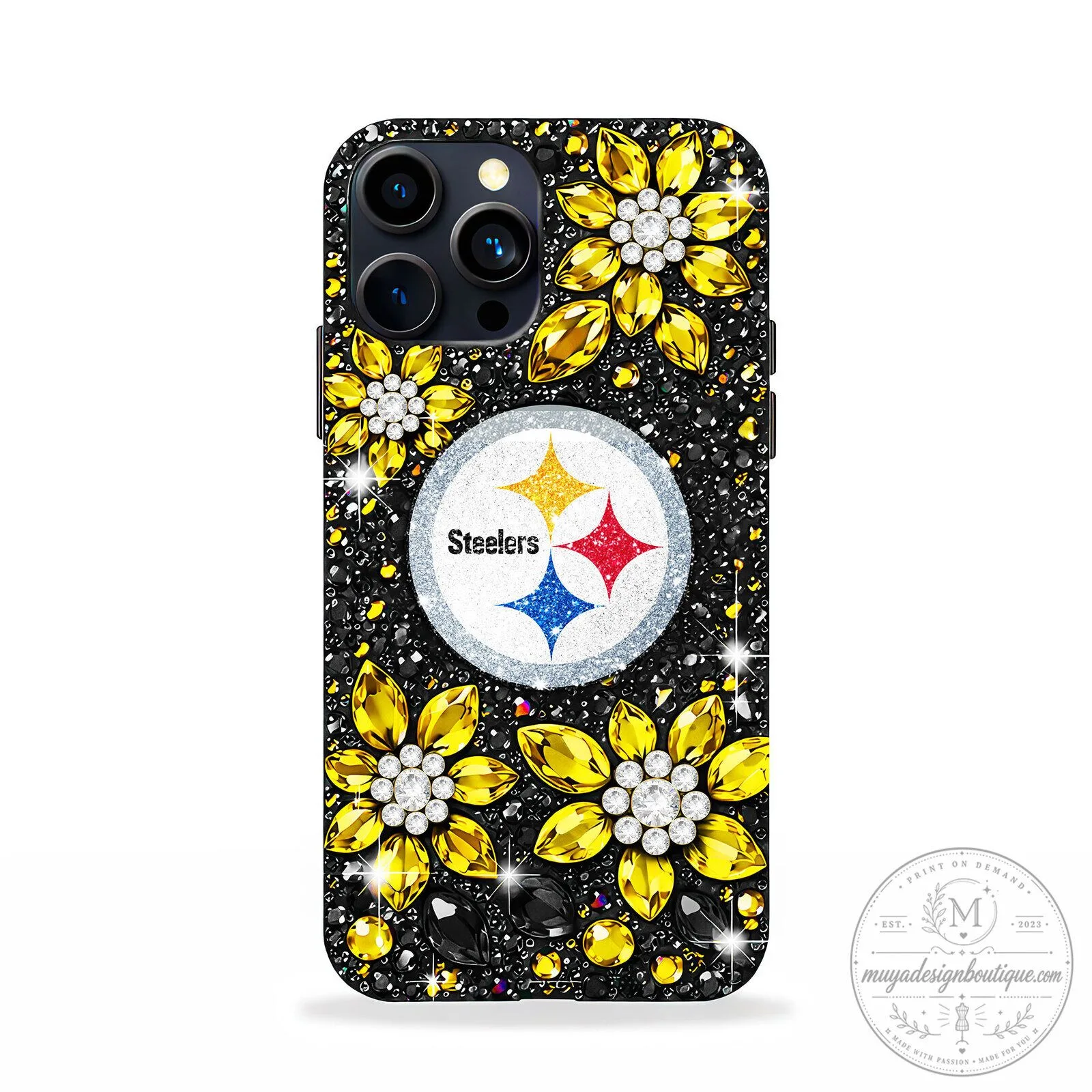 Pittsburgh Steelers NFL Football Team Rhinestone Floral Design Phone Case