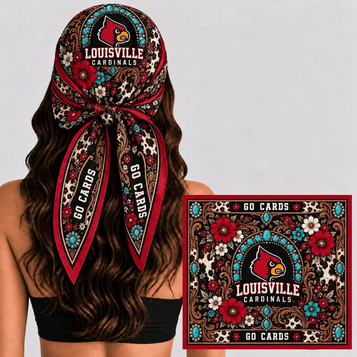 Louisville Cardinals Floral Western Boho Pattern Silk Bandana Scarf
