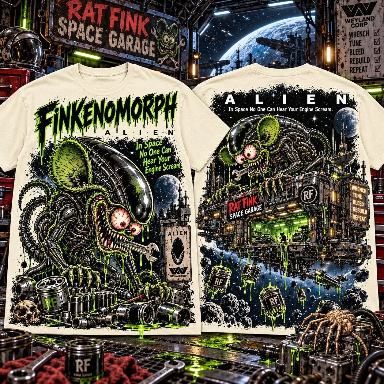 Rat Fink Xenomorph Alien Space Garage Horror Movie T-Shirt