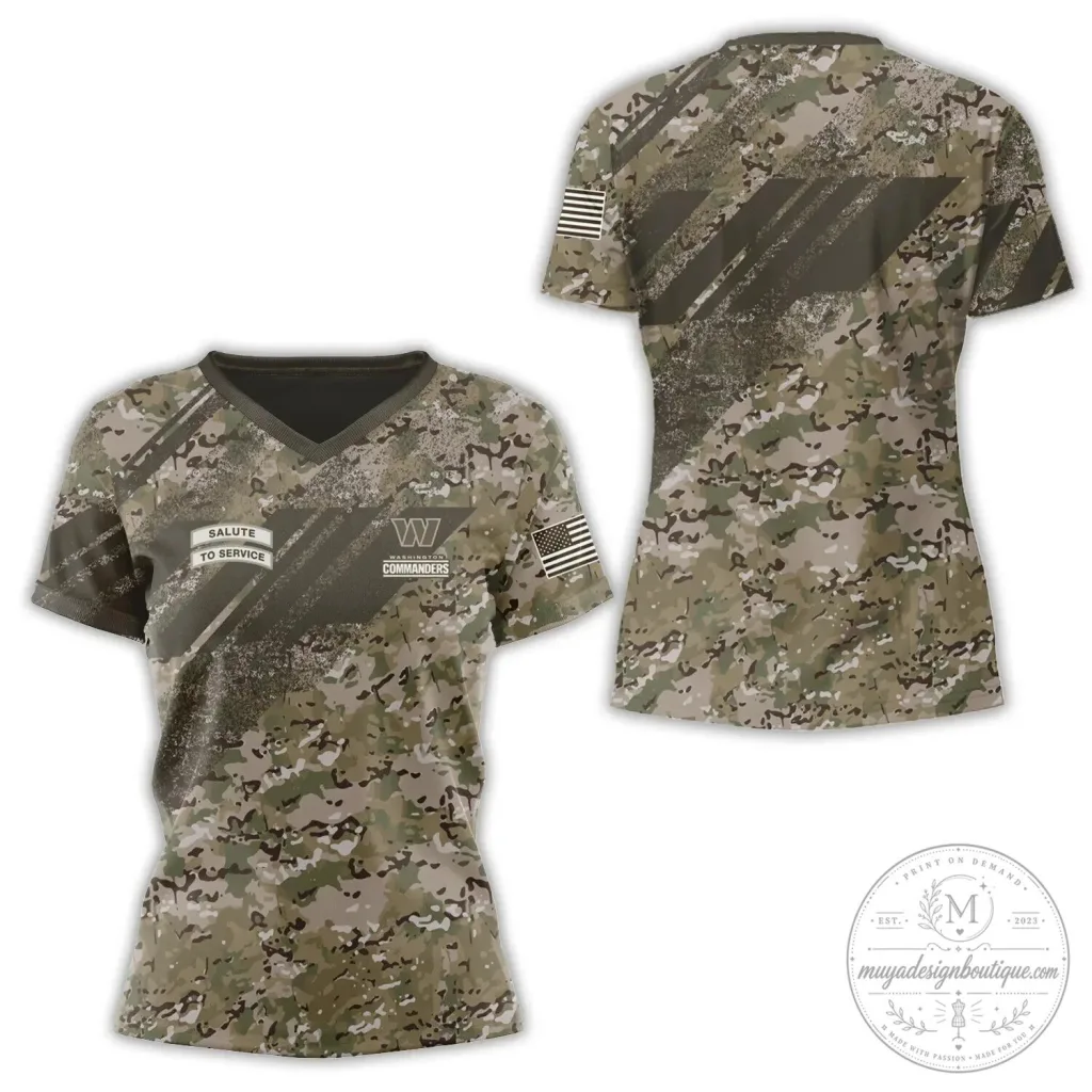 Washington Commanders Salute To Service Camouflage Military Style V-Neck T-Shirt Washington Commanders Salute To Service Camouflage Military Style V-Neck T-Shirt