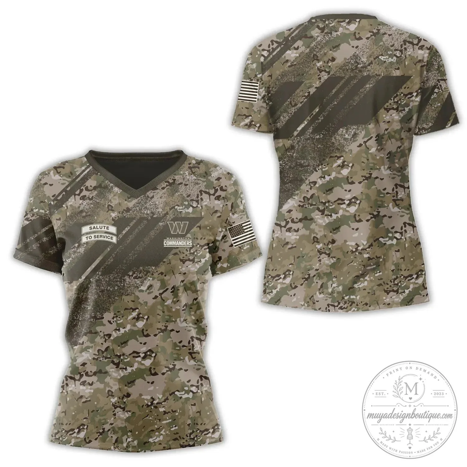 Washington Commanders Salute To Service Camouflage Military Style V-Neck T-Shirt