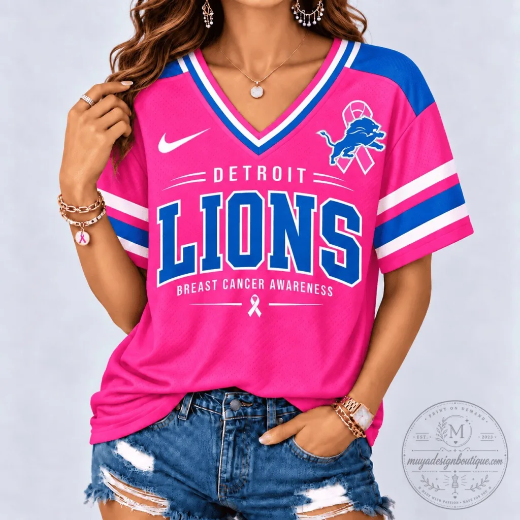 Detroit Lions Breast Cancer Awareness Pink V-Neck Football Jersey
