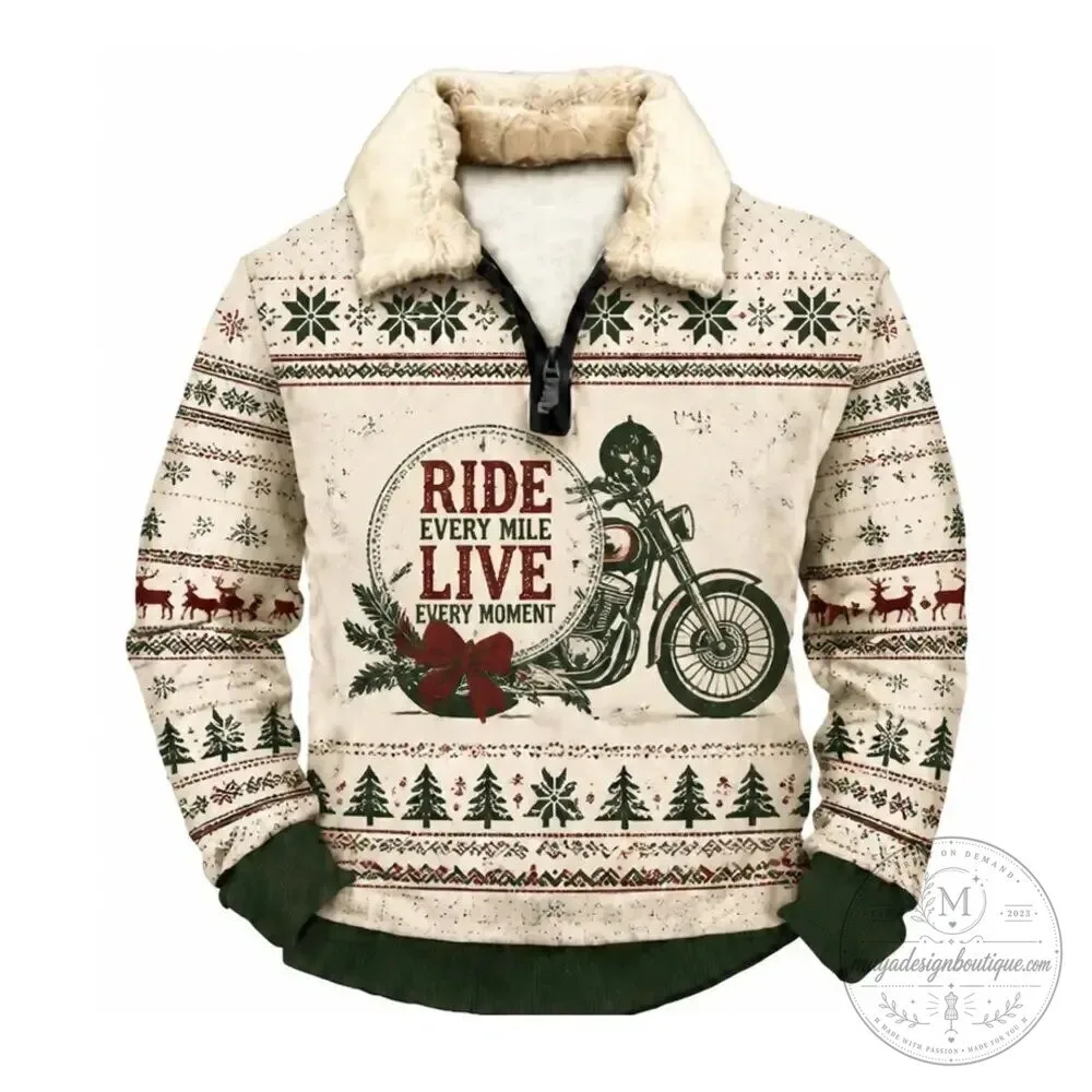 Motorcycle Club Christmas Ugly Quarter Zip Sweatshirt with Fur Collar