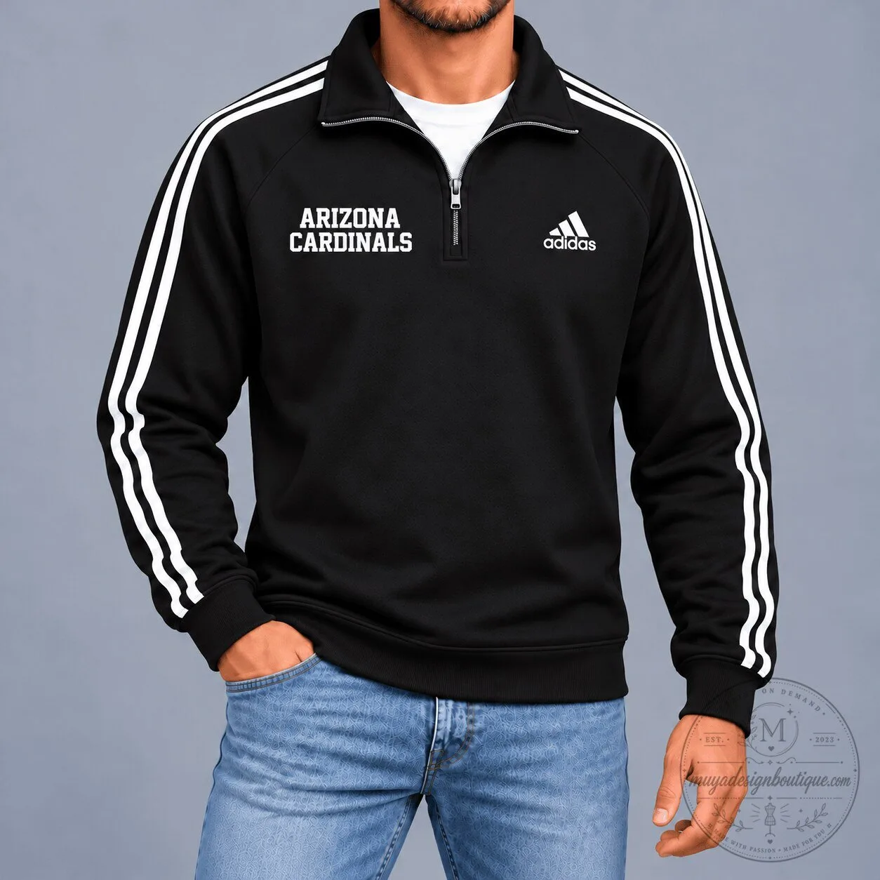 Arizona Cardinals Adidas Black Quarter-Zip Sweatshirt with White Stripes