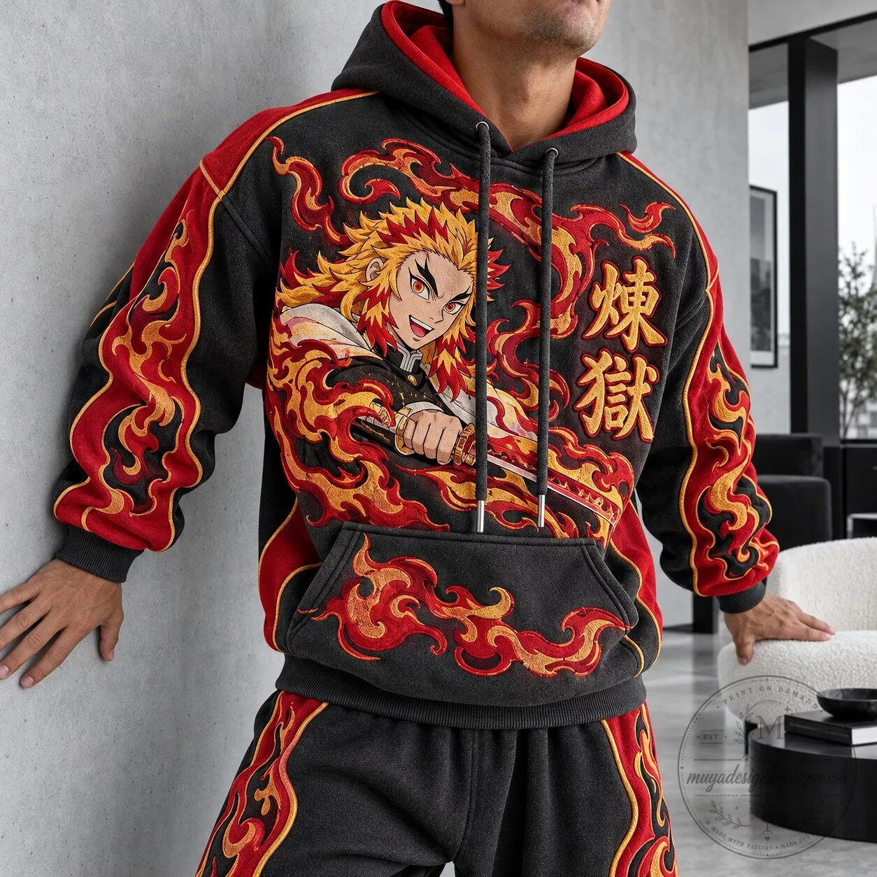 Demon Slayer Kyojuro Rengoku Flame Hashira Anime Embroidered Hoodie