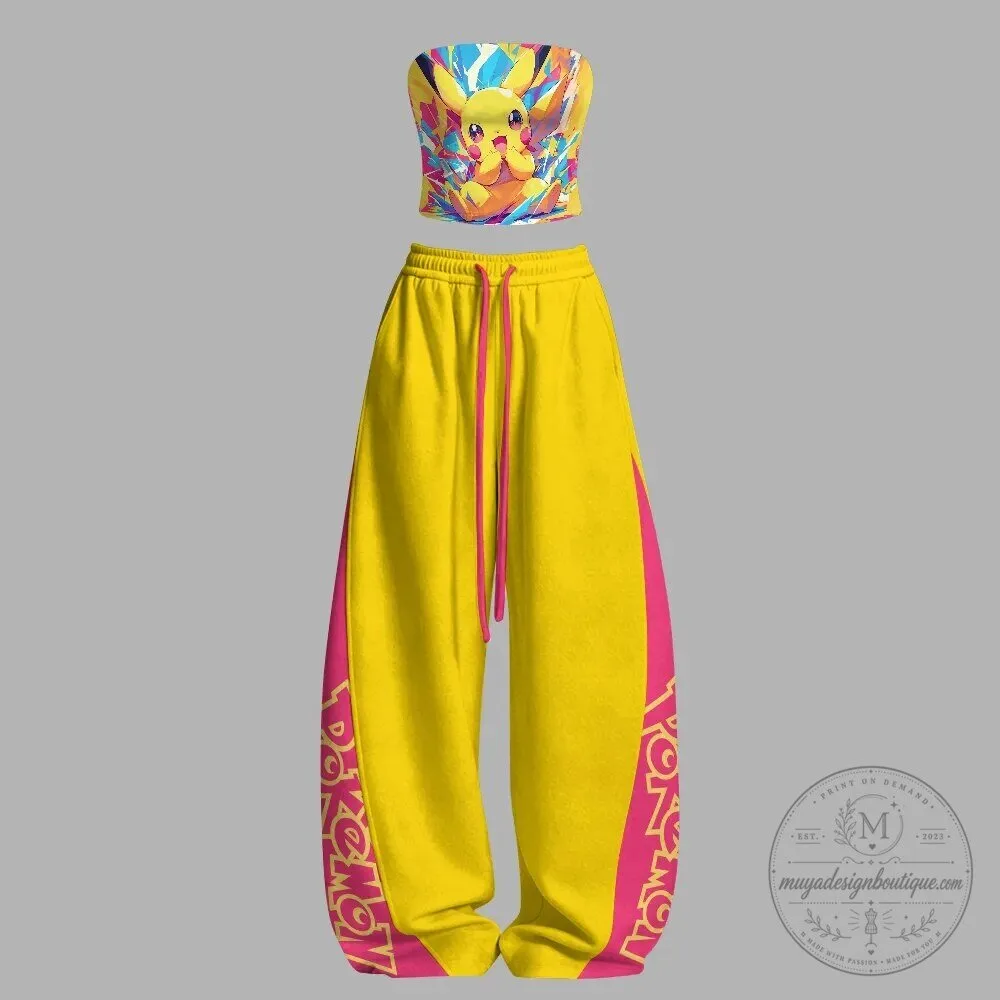 Pokemon Pikachu Abstract Colorful Strapless Crop Top and Sweatpants Set 1 Pokemon Pikachu Abstract Colorful Strapless Crop Top and Sweatpants Set