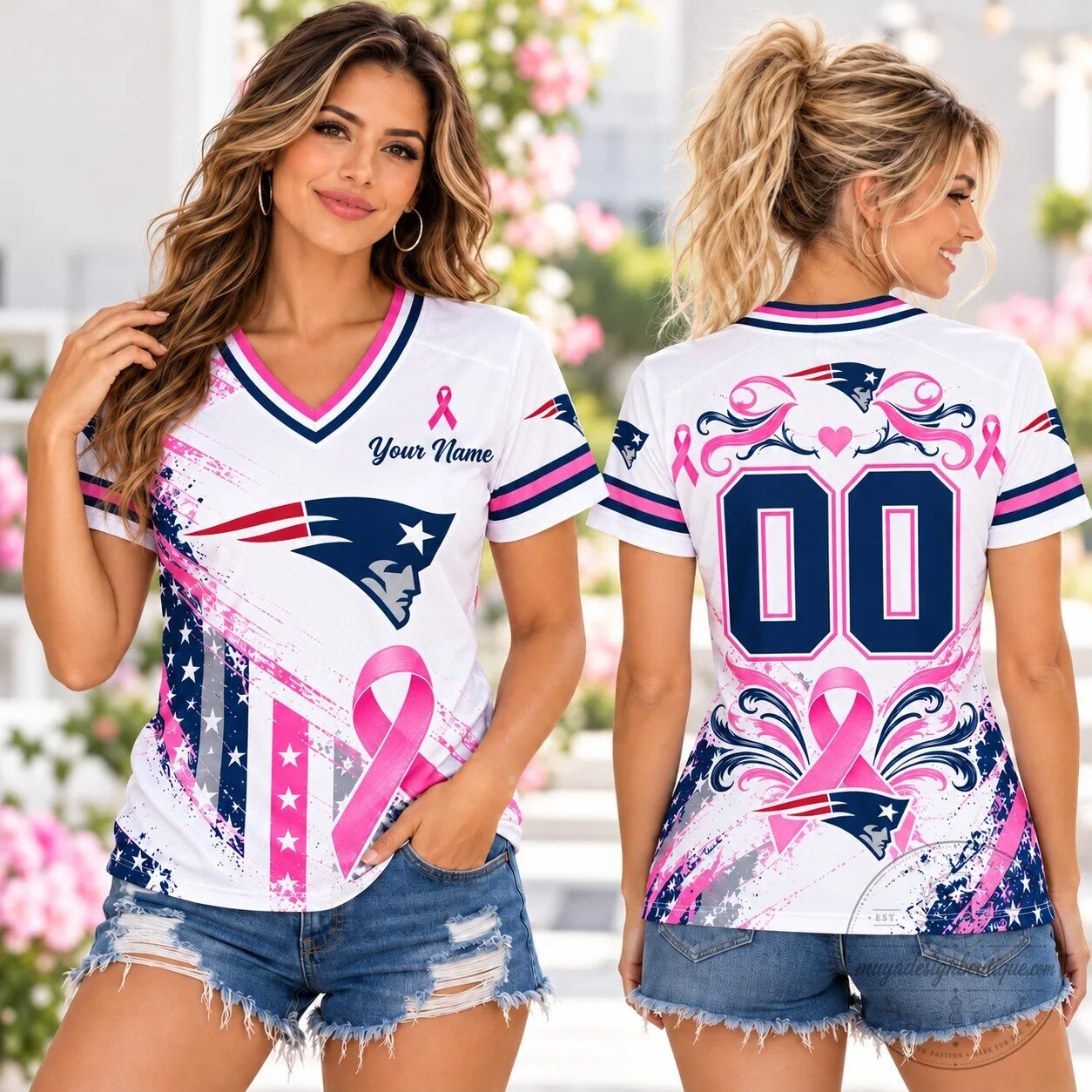 New England Patriots NFL Breast Cancer Awareness Pink Ribbon V-Neck T-Shirt