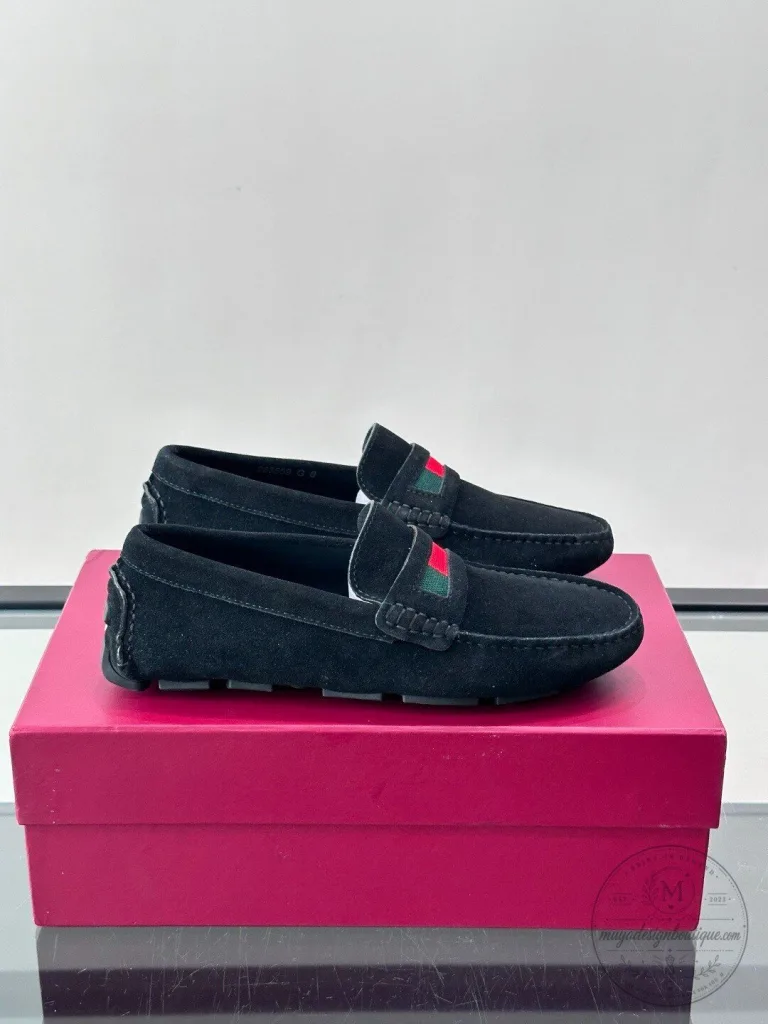 Gucci Black Suede Loafer Shoes with Web Stripe Detail