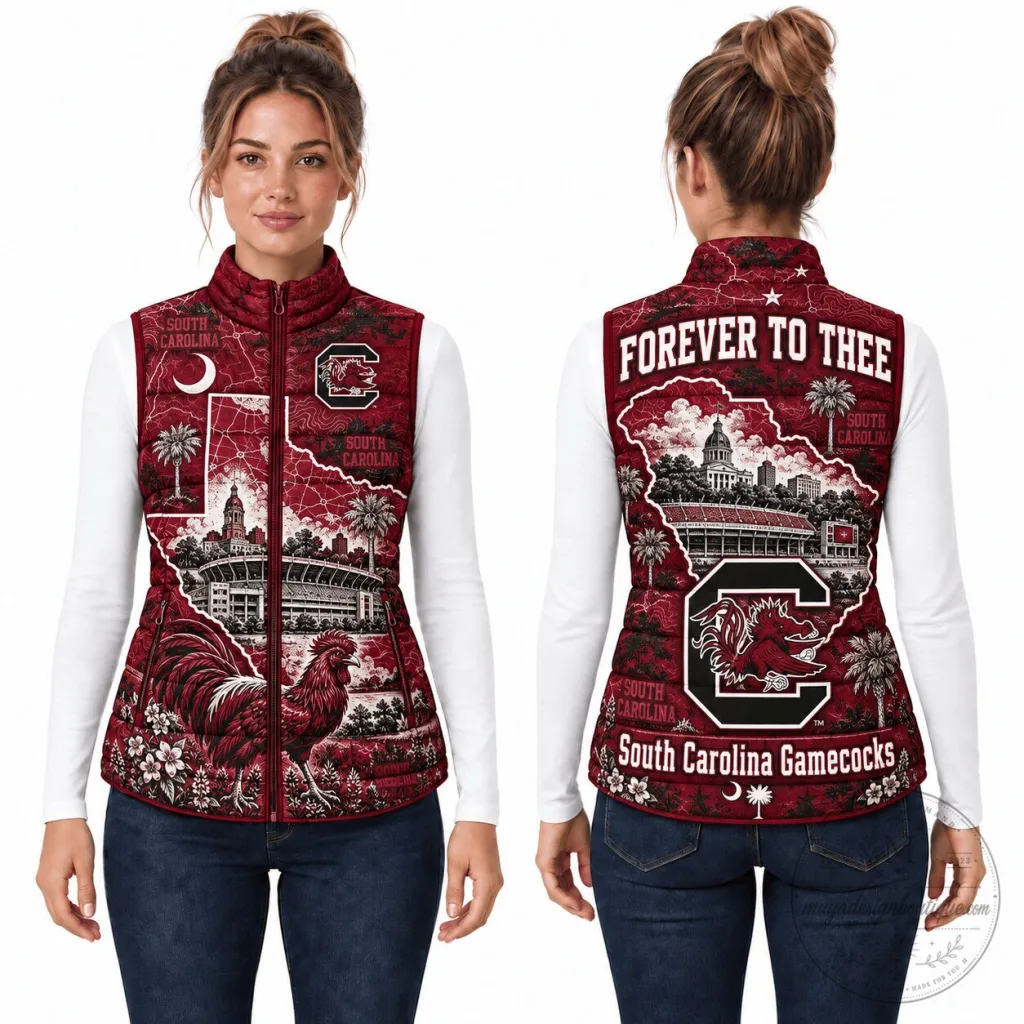South Carolina Gamecocks Forever To Thee Christmas Puffer Vest South Carolina Gamecocks Forever To Thee Christmas Puffer Vest