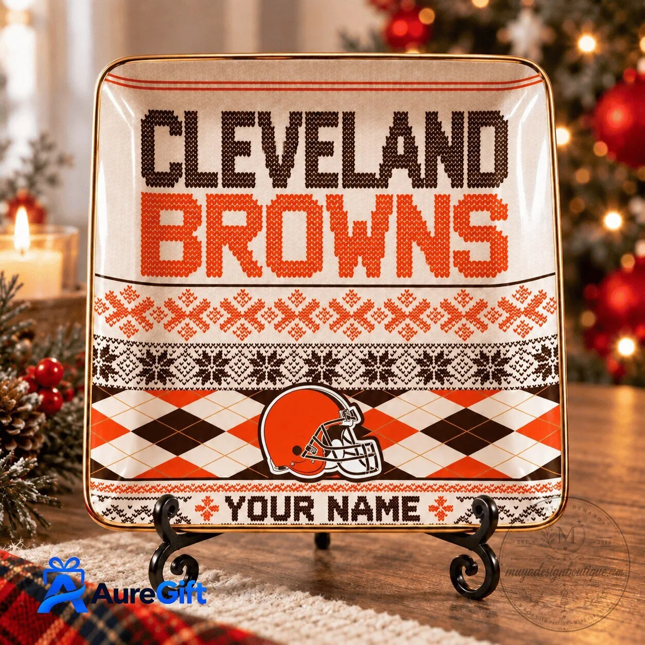 Cleveland Browns Personalized Christmas Ugly Sweater Pattern Square Plate