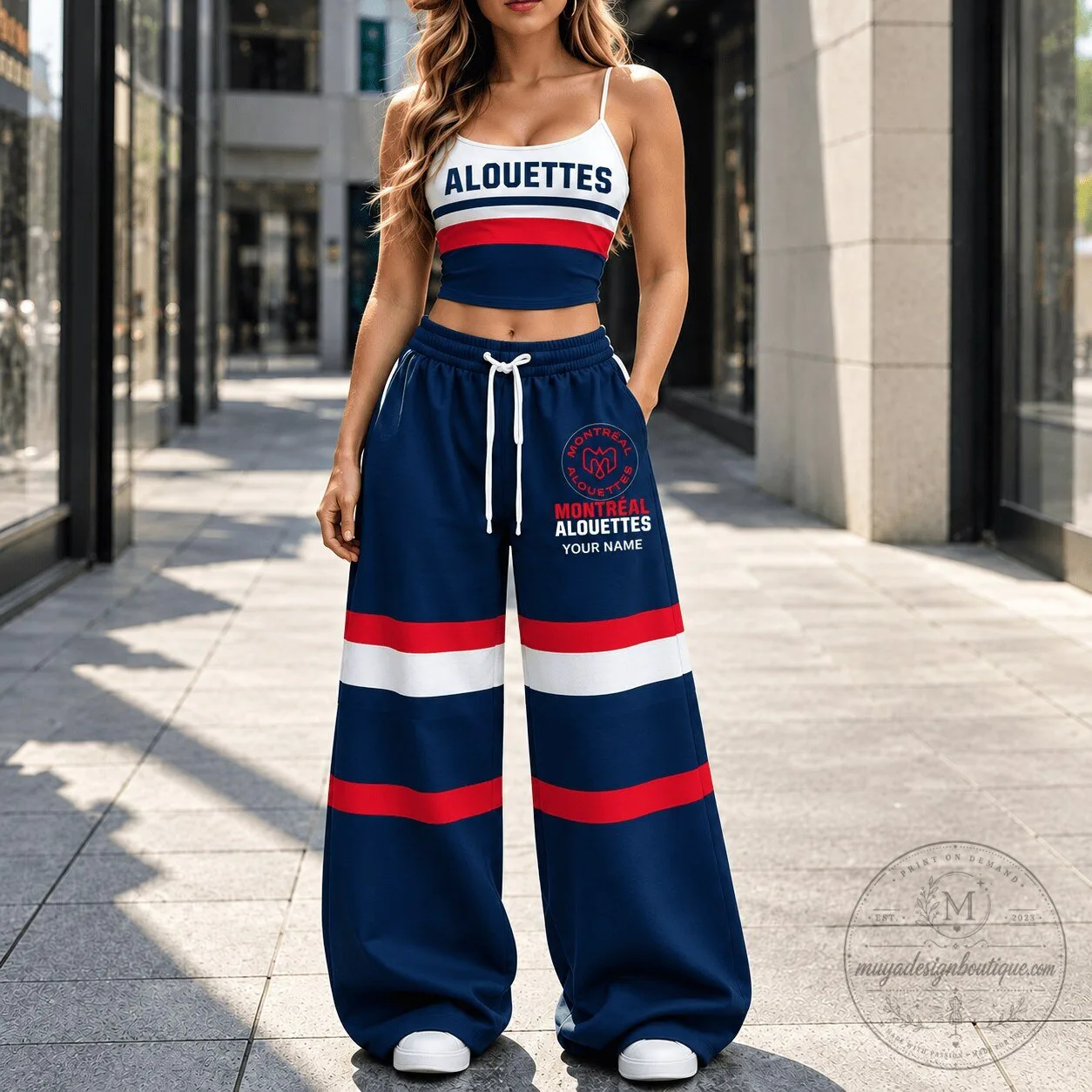Montreal Alouettes CFL Spaghetti Strap Crop Top and Wide Leg Sweatpants Set 14 Montreal Alouettes CFL Spaghetti Strap Crop Top and Wide Leg Sweatpants Set