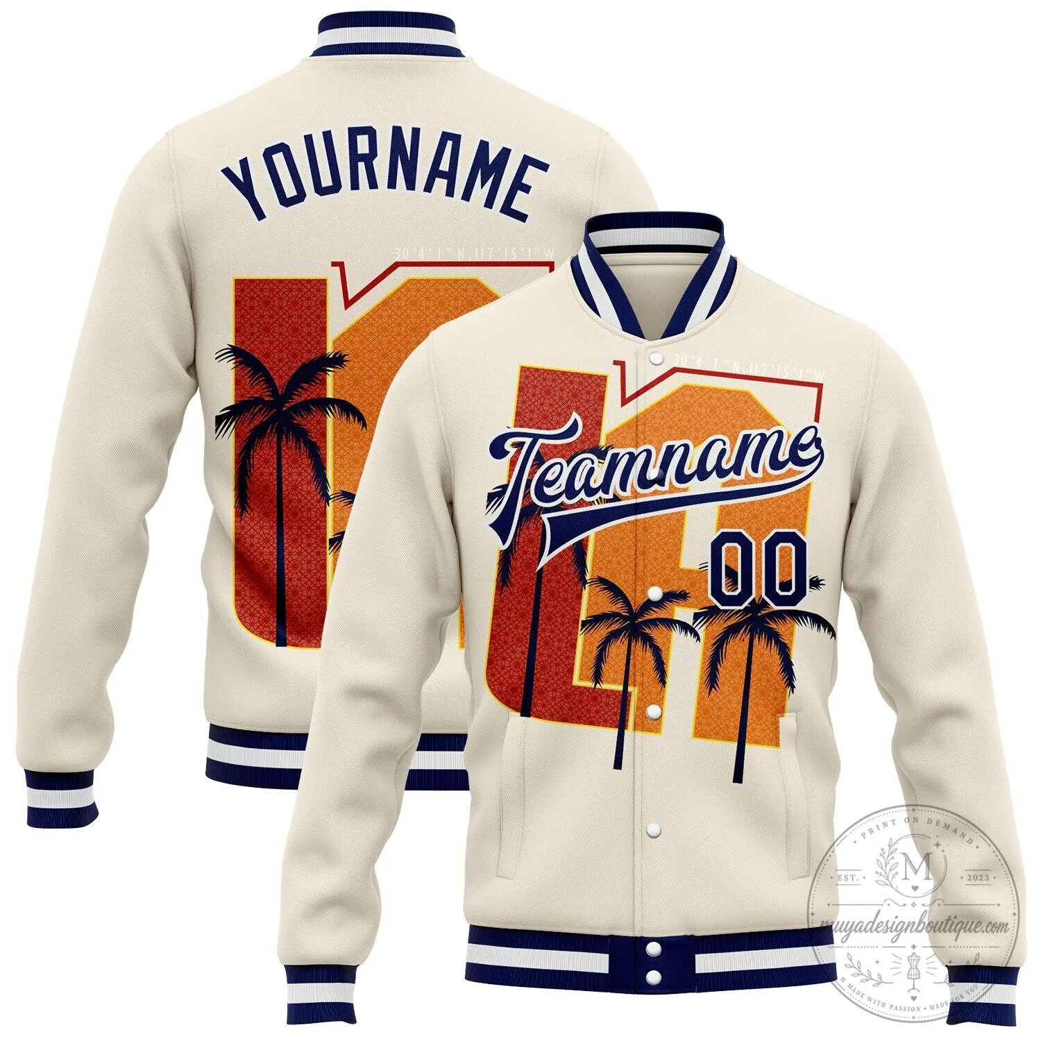 Custom Cream Navy White Los Angeles Tropical Palm Trees Varsity Jacket