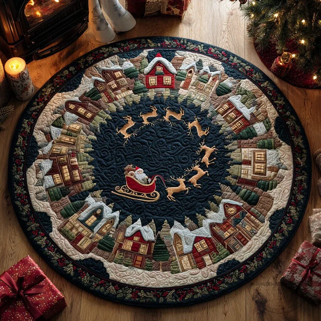 Christmas Village Santa Sleigh Reindeer Quilted Round Floor Mat