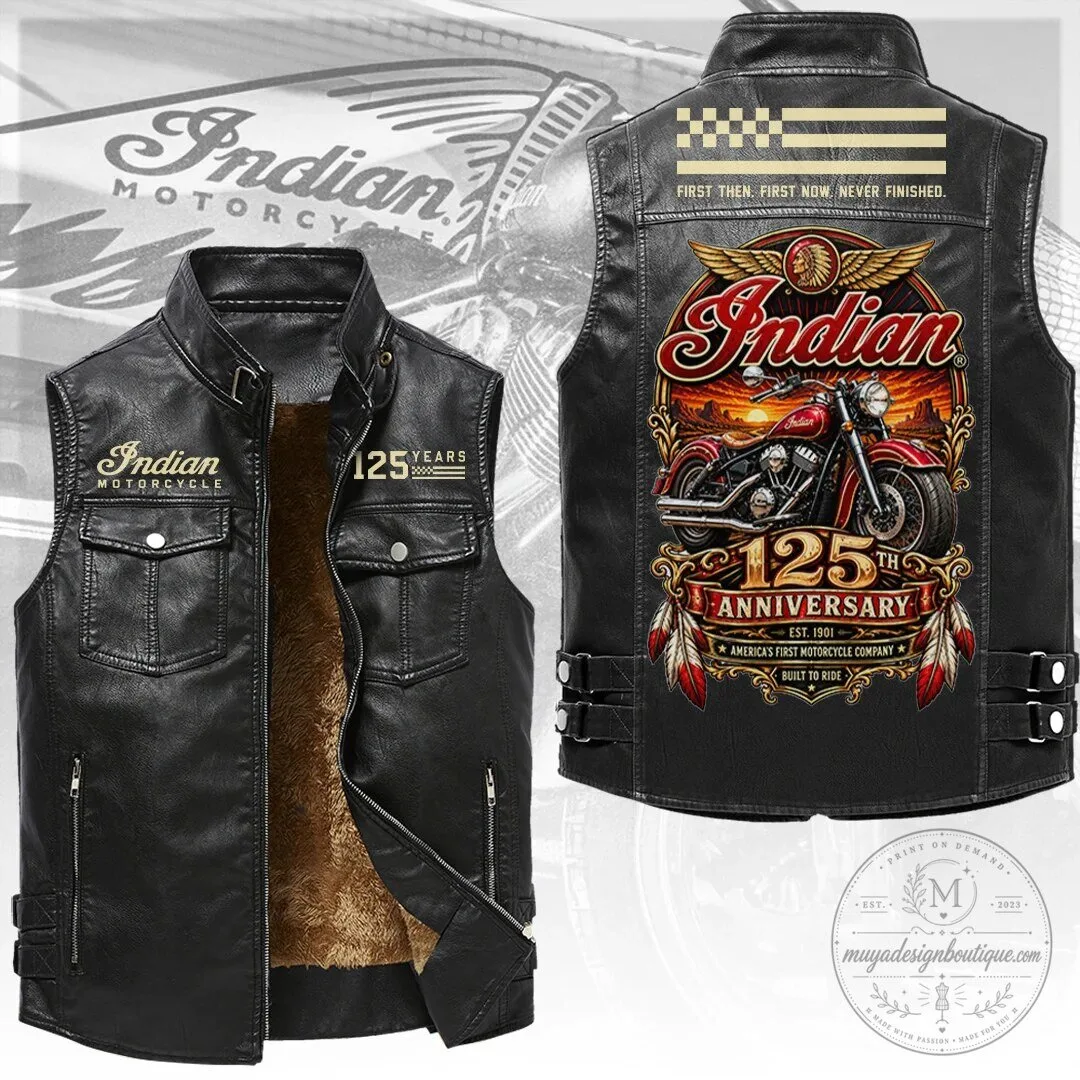 Black Leather Vest with Embroidered Logo for Indian Motorcycle's 125th Anniversary