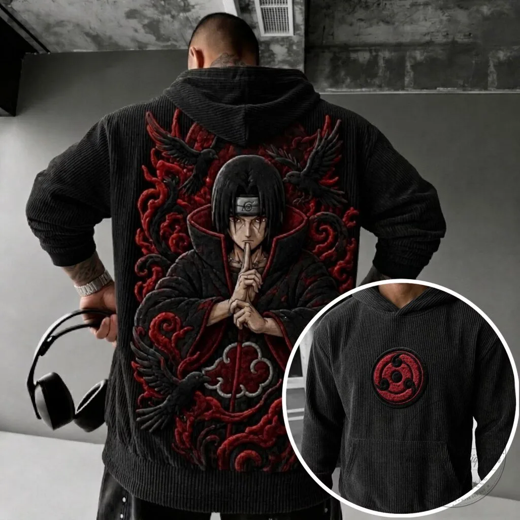 Naruto Itachi Uchiha Akatsuki Anime Embroidered Corduroy Hoodie