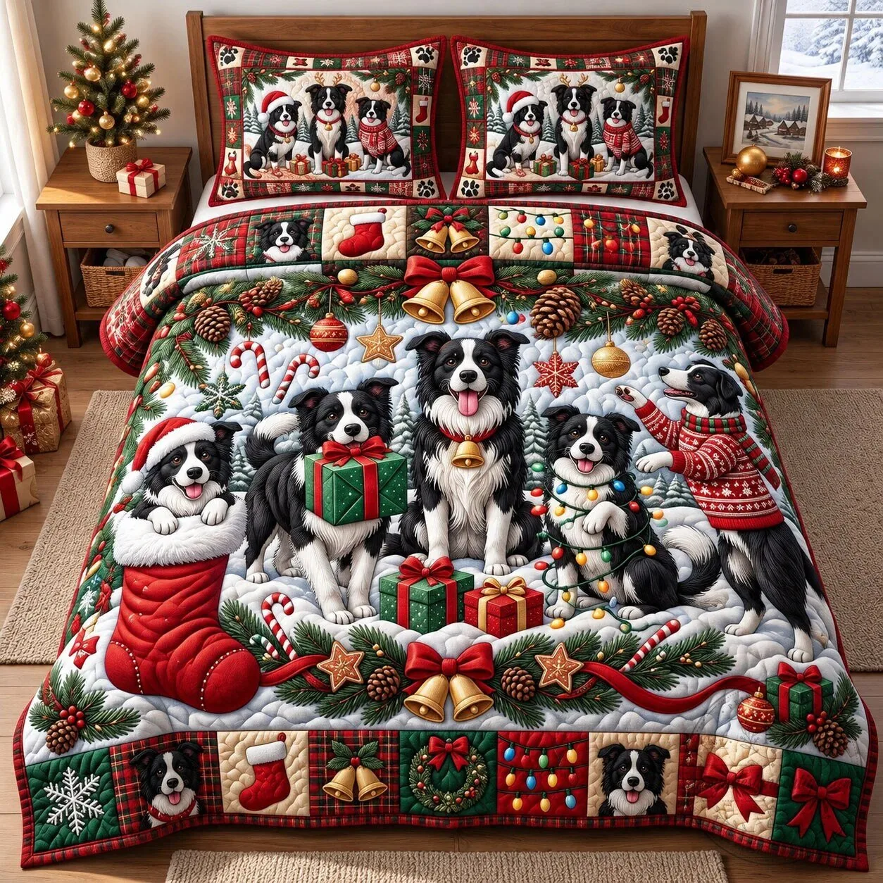 Border Collie Christmas Holiday Winter Quilted Bedding Set