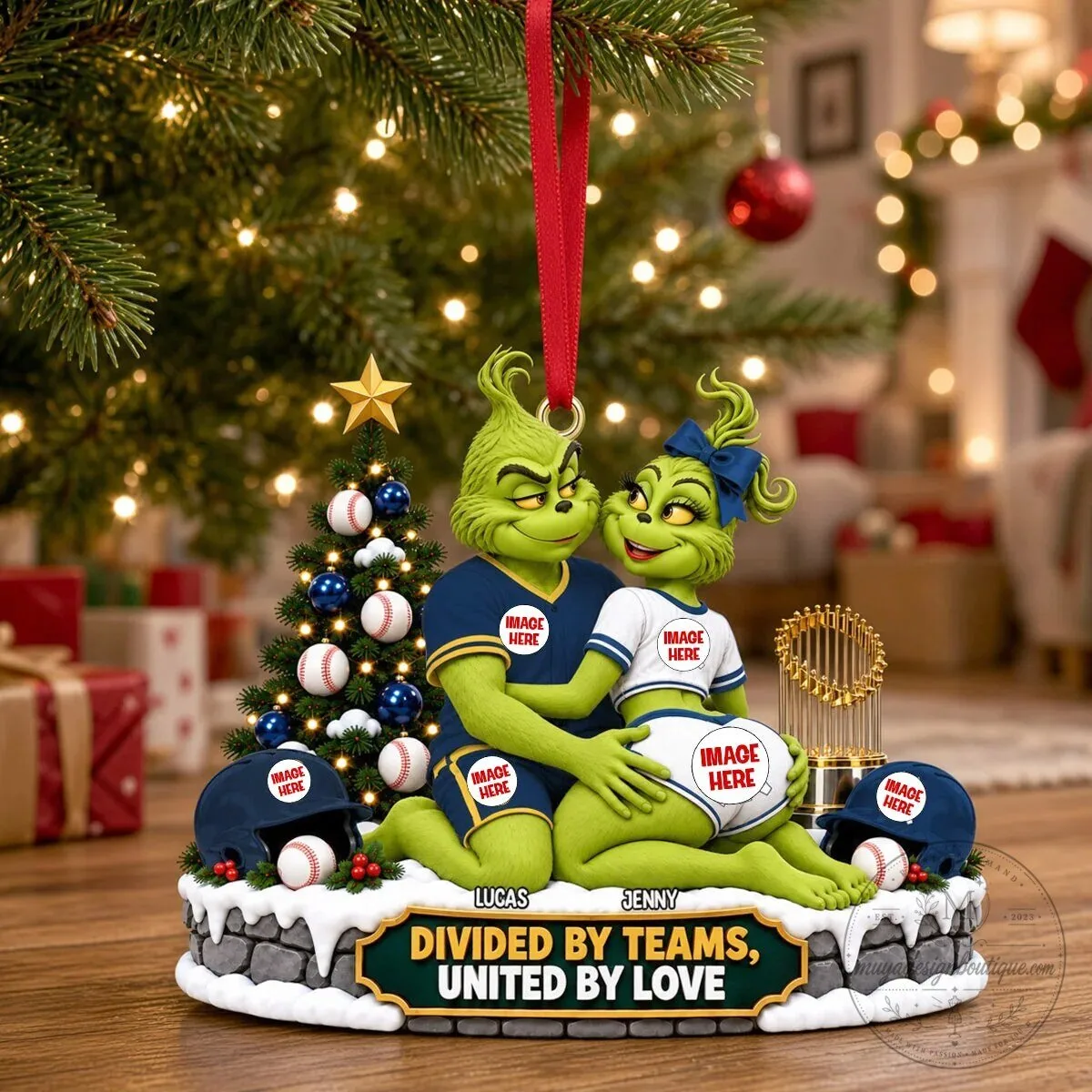 Grinch Divided By Teams United By Love Baseball Couple Christmas Ornament