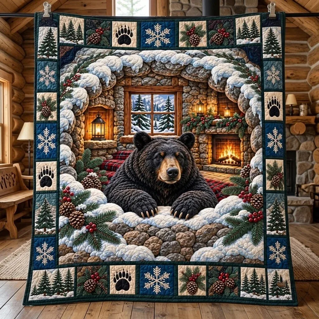 Winter Black Bear Cave Scene Quilted Blanket 9 Winter Black Bear Cave Scene Quilted Blanket