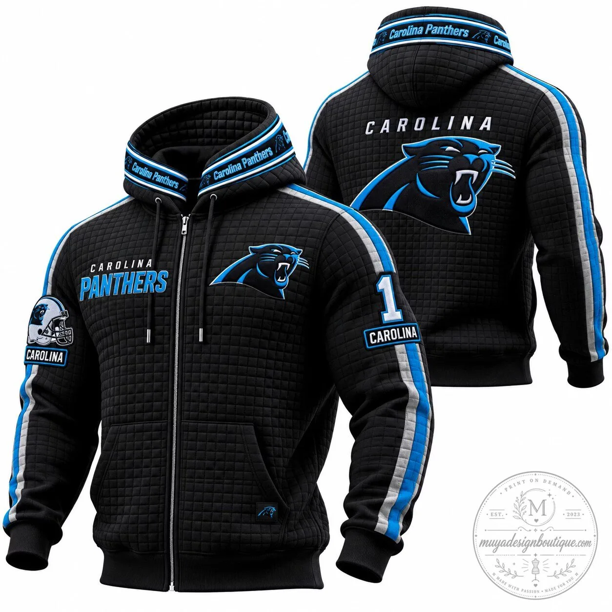 Carolina Panthers NFL Football Team Quilted Full Zip Hoodie Sweatshirt