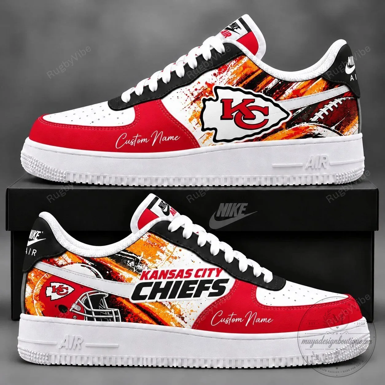 Kansas City Chiefs Custom Name Football Team Fan White and Red Sneakers Shoes