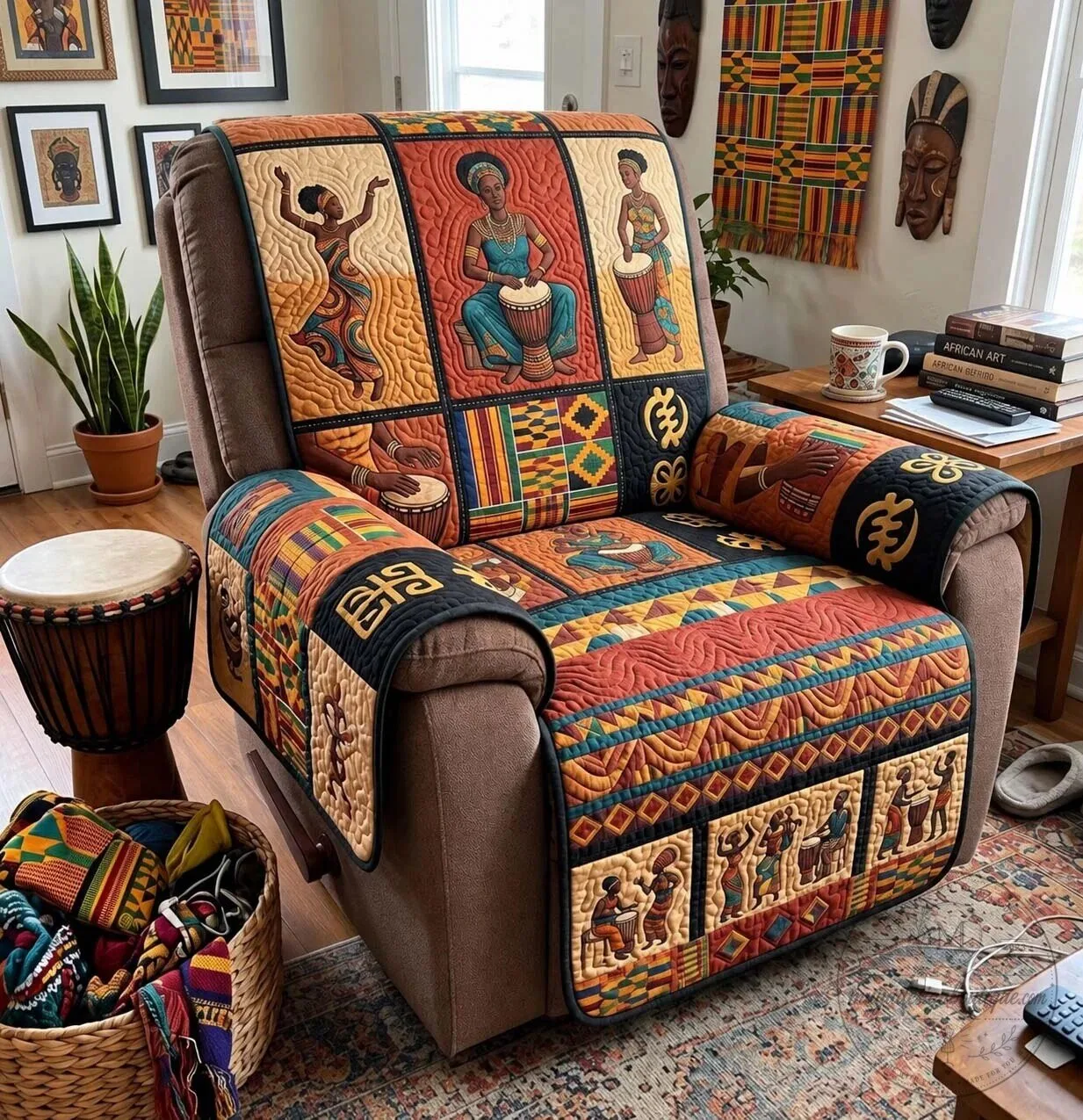 African Drum Stories Quilted Recliner Chair Cover