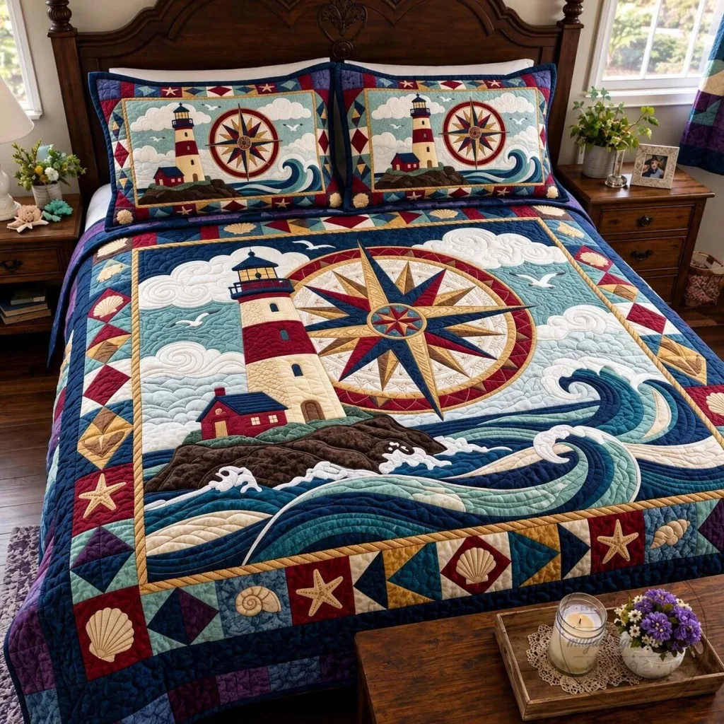 Nautical Compass Lighthouse Ocean Waves Coastal Theme Quilted Bedding Set 36 Nautical Compass Lighthouse Ocean Waves Coastal Theme Quilted Bedding Set