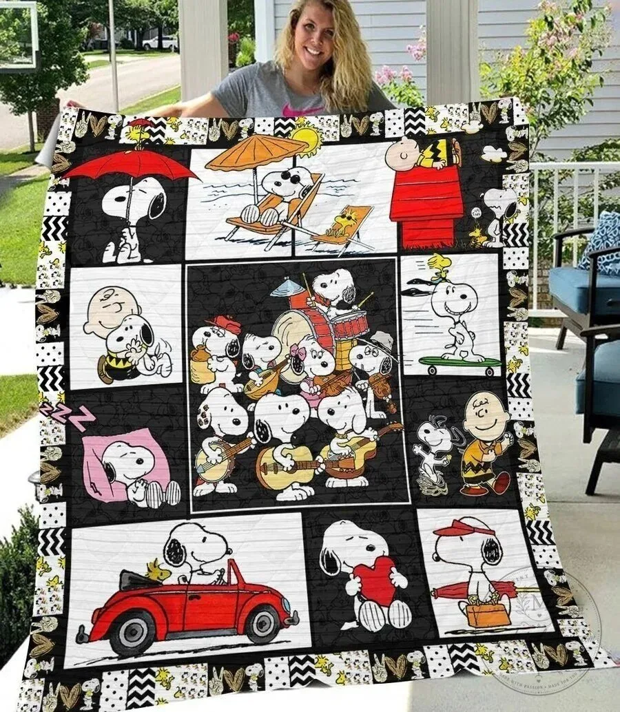 Snoopy Peanuts Cartoon Character Beach Day Music Band Quilt Blanket