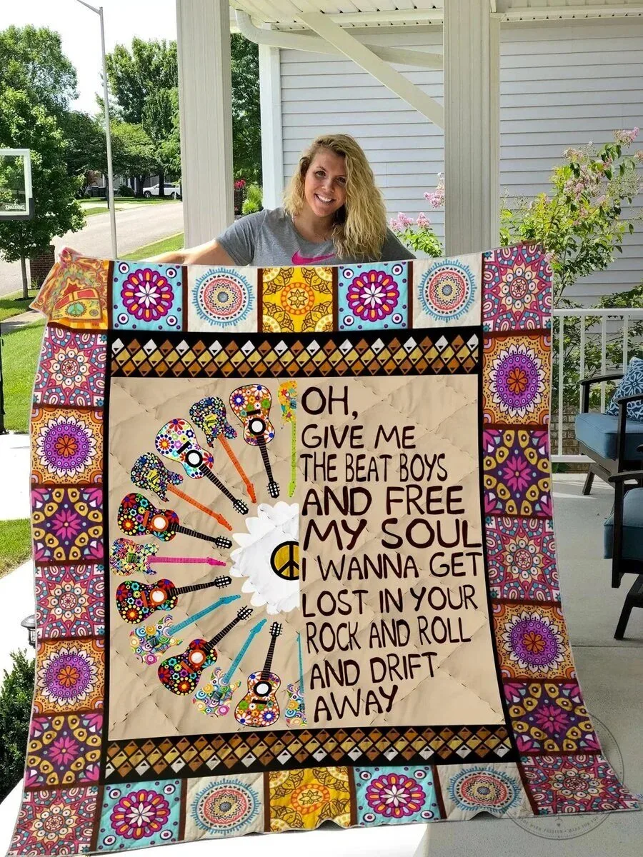 Hippie Guitars Rock and Roll Music Lyrics Bohemian Style Quilted Blanket