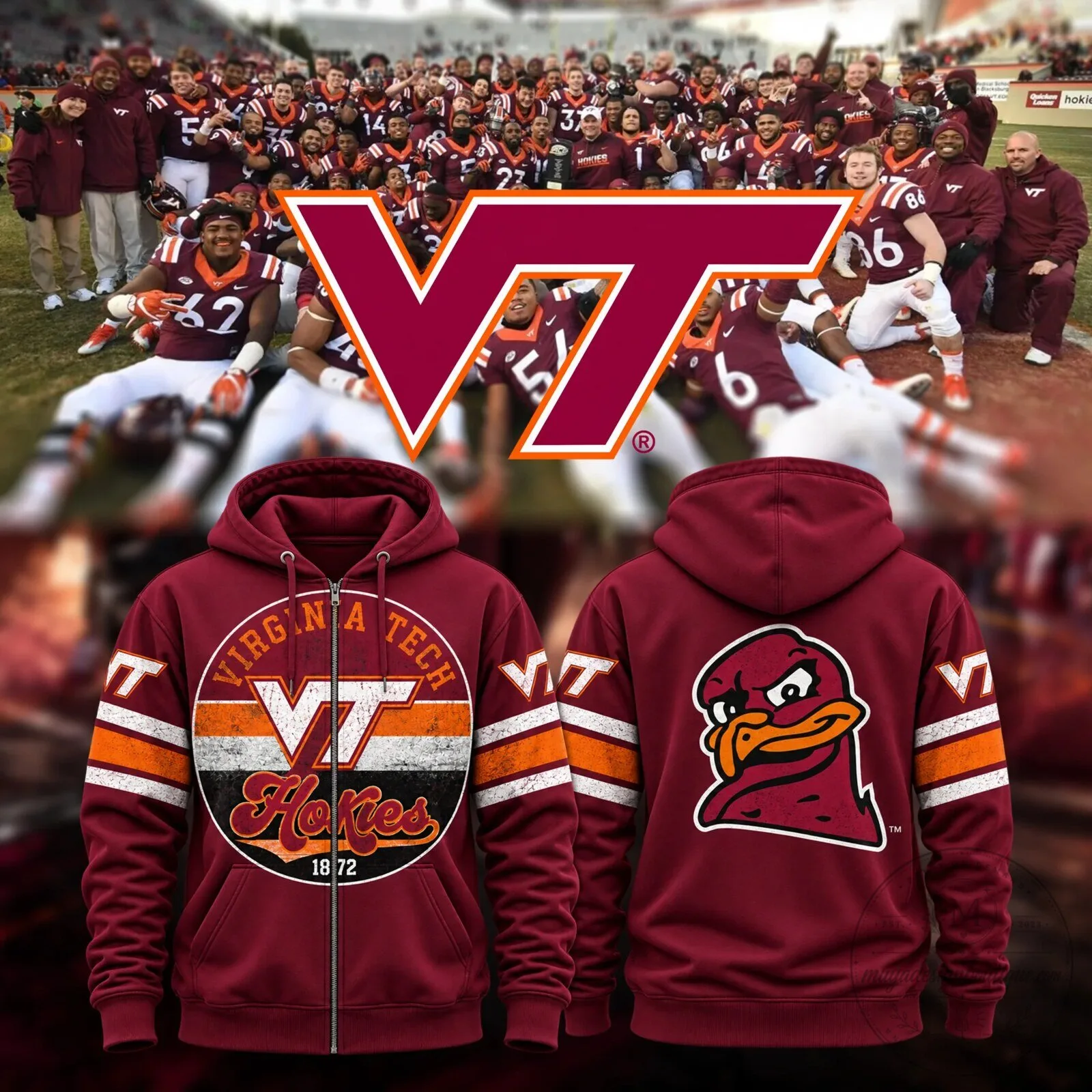 Full-Zip Hoodie for Virginia Tech Hokies Football Team 1 Full-Zip Hoodie for Virginia Tech Hokies Football Team