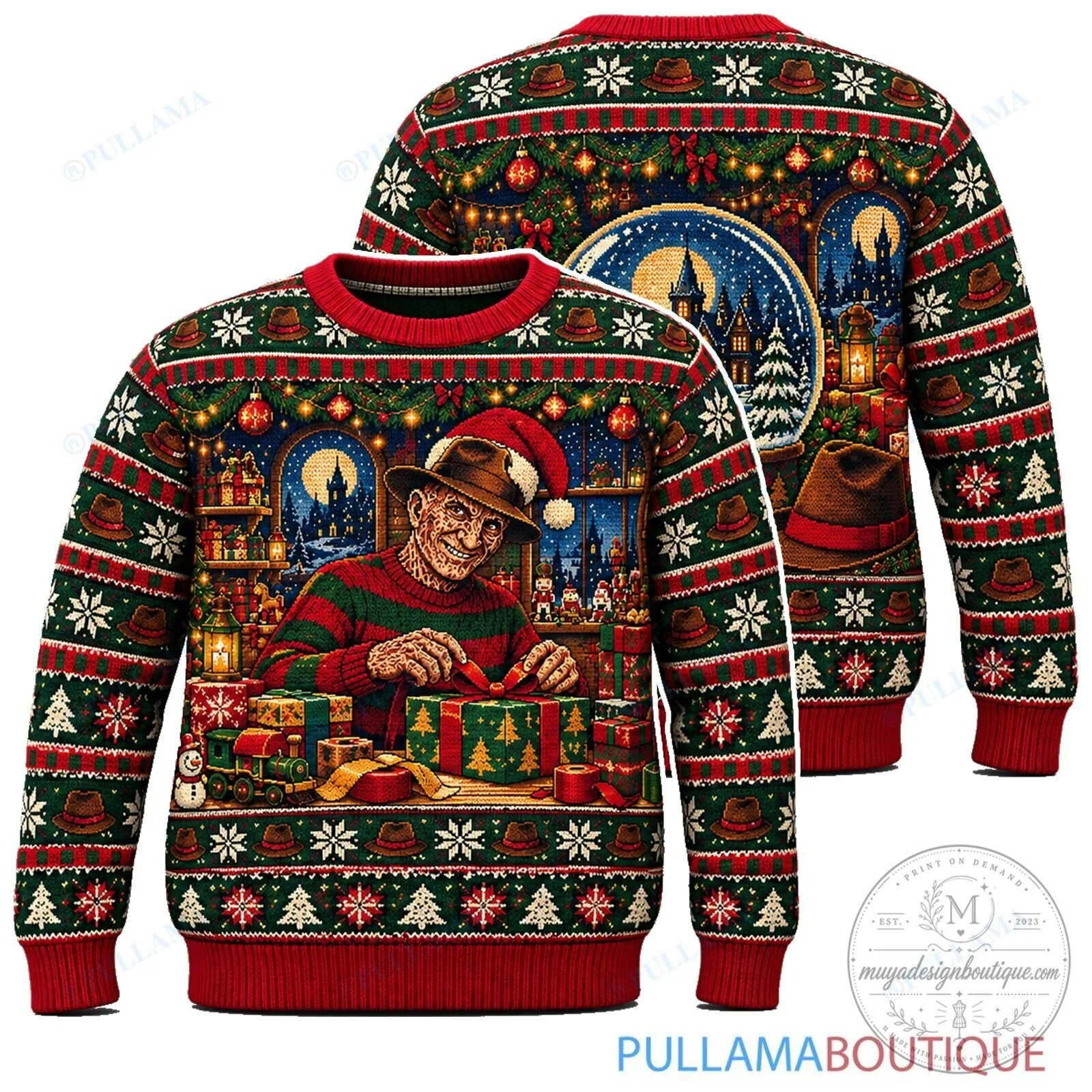 Freddy Krueger Christmas Gift Wrapping Horror Movie Ugly Sweater 1 Freddy Krueger Christmas Gift Wrapping Horror Movie Ugly Sweater