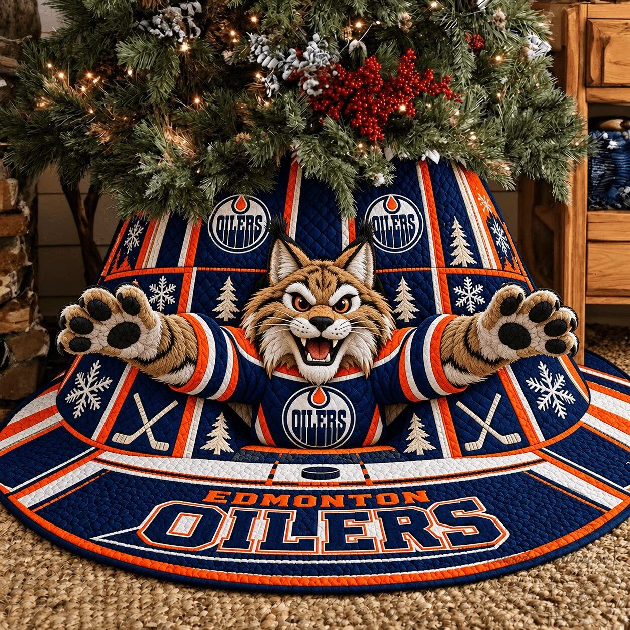 Edmonton Oilers NHL Christmas Tree Skirt with Bobcat Mascot Design
