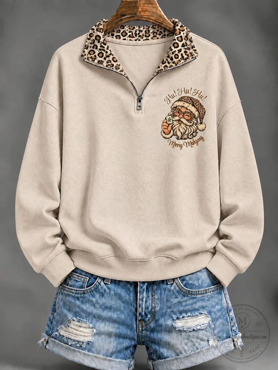 Merry Mahjong Santa Claus Leopard Print Christmas Quarter Zip Sweatshirt 2 Merry Mahjong Santa Claus Leopard Print Christmas Quarter Zip Sweatshirt