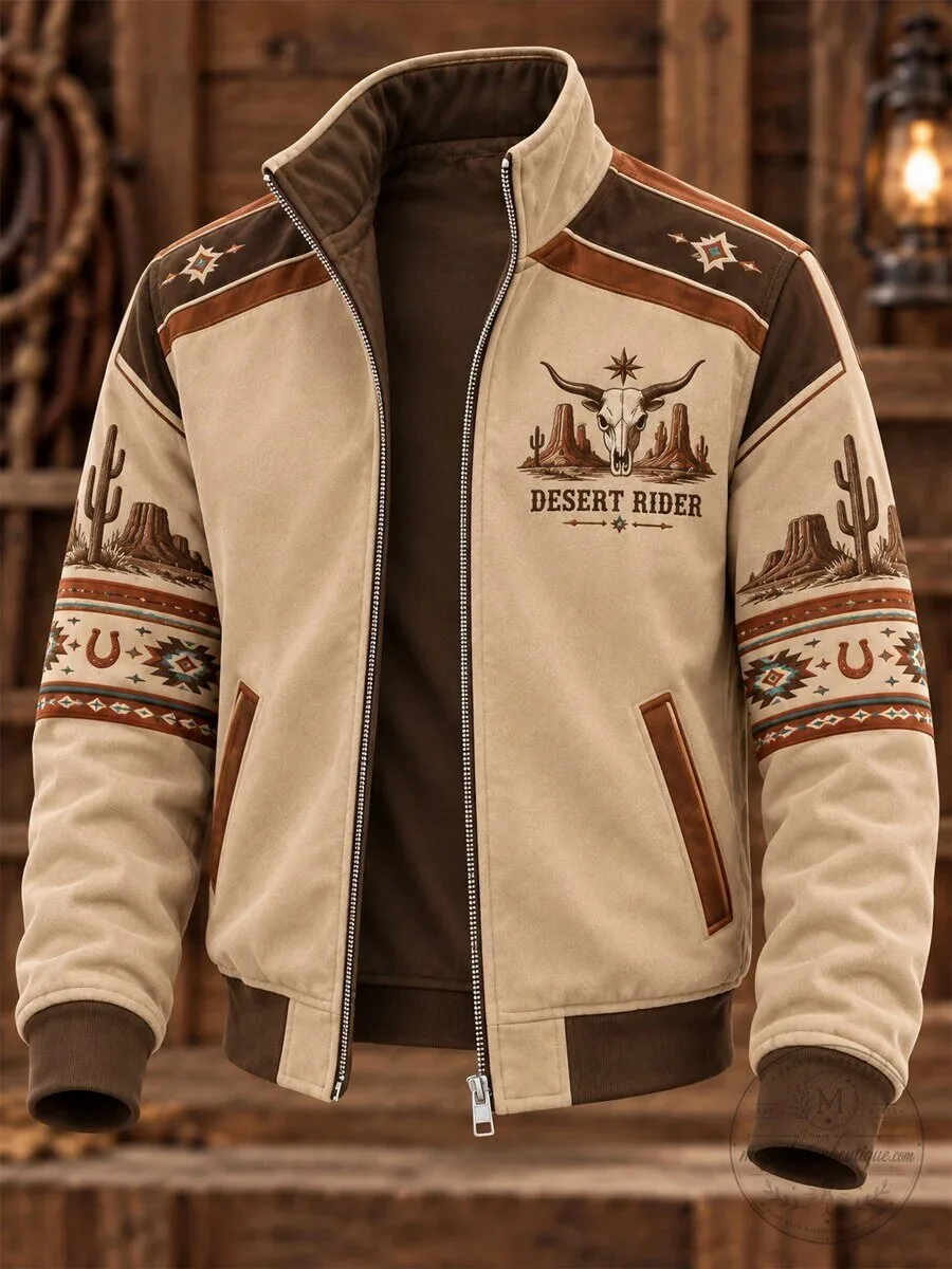Desert Rider Western Style Skull and Cactus Print Bomber Jacket for Men 5 Desert Rider Western Style Skull and Cactus Print Bomber Jacket for Men