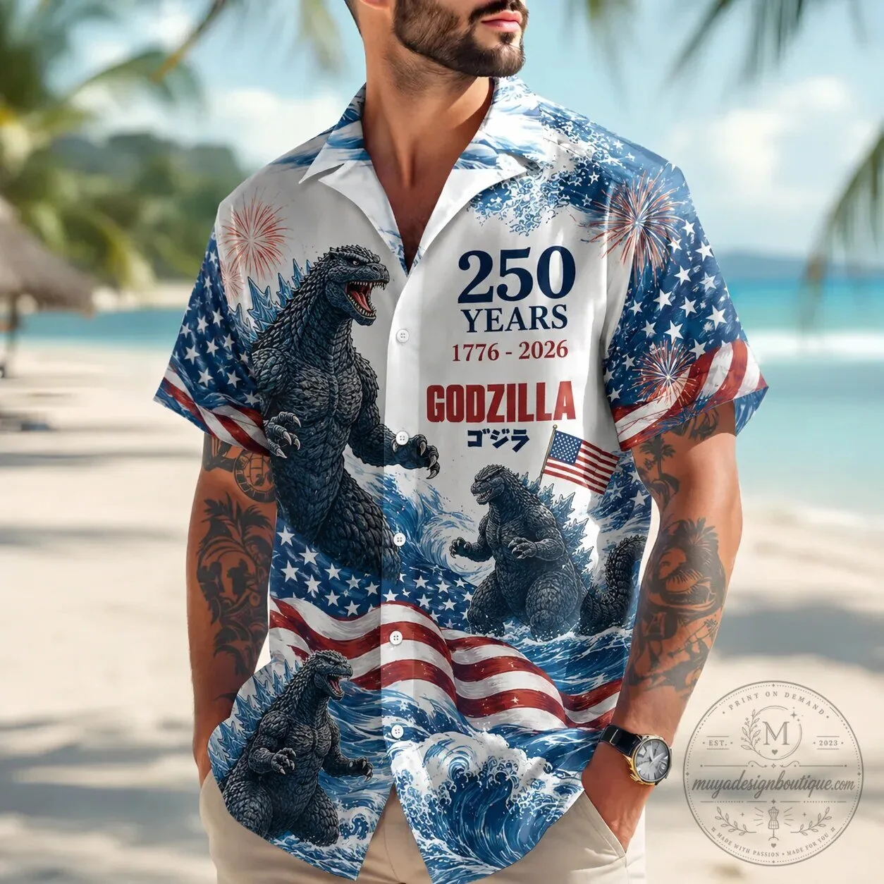 Godzilla 250 Years 1776-2026 American Flag Hawaiian Shirt