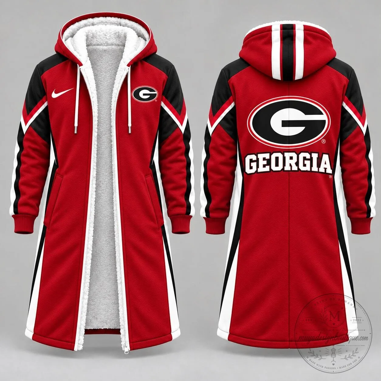 NCAA Game Day Long Hooded Sherpa Fleece Jacket for Georgia Bulldogs