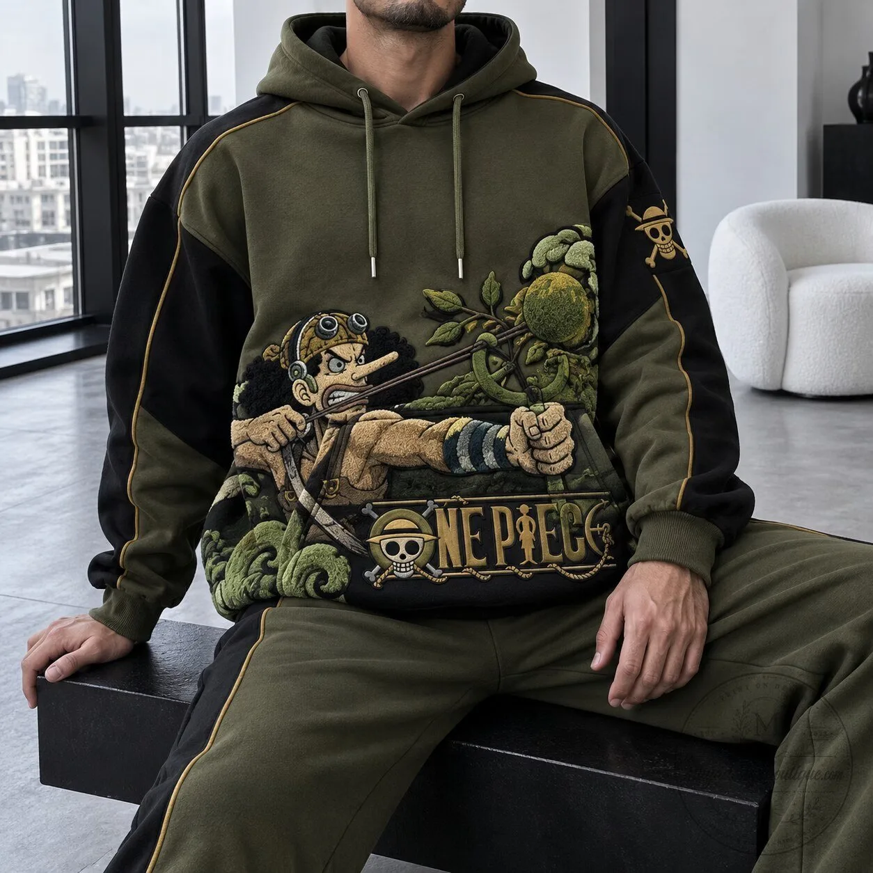 One Piece Usopp Anime Character Embroidered Olive Green Hoodie