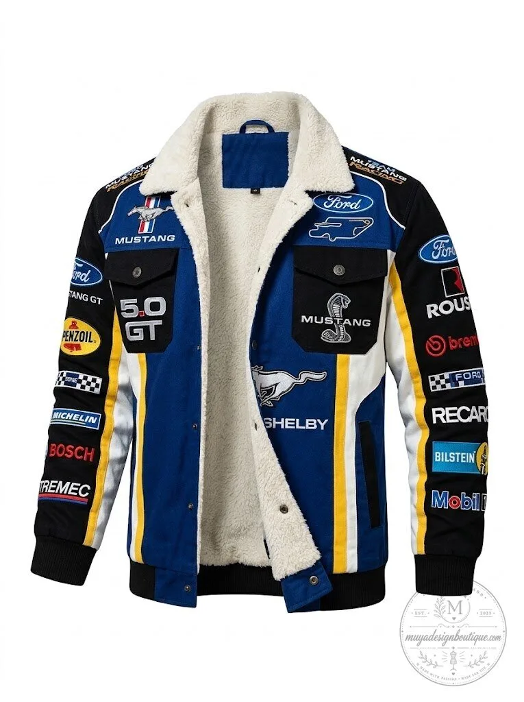 Ford Mustang Shelby GT Racing Jacket with Fleece Collar and Embroidered Patches