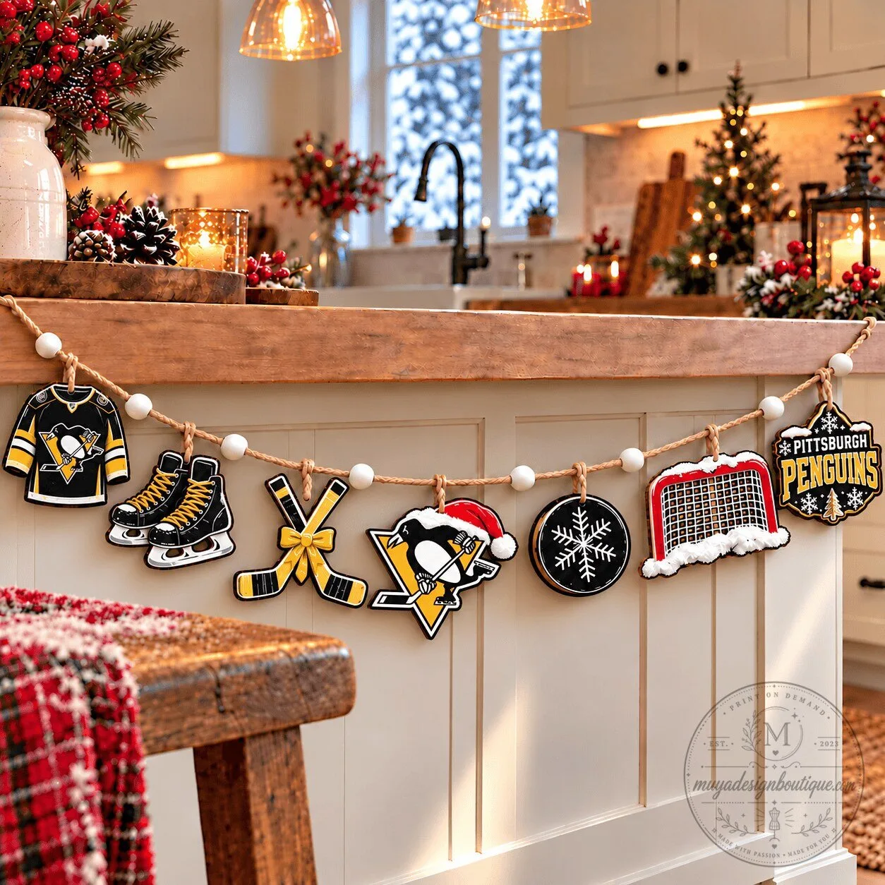 Pittsburgh Penguins NHL Team Christmas Holiday Wooden Garland Decoration