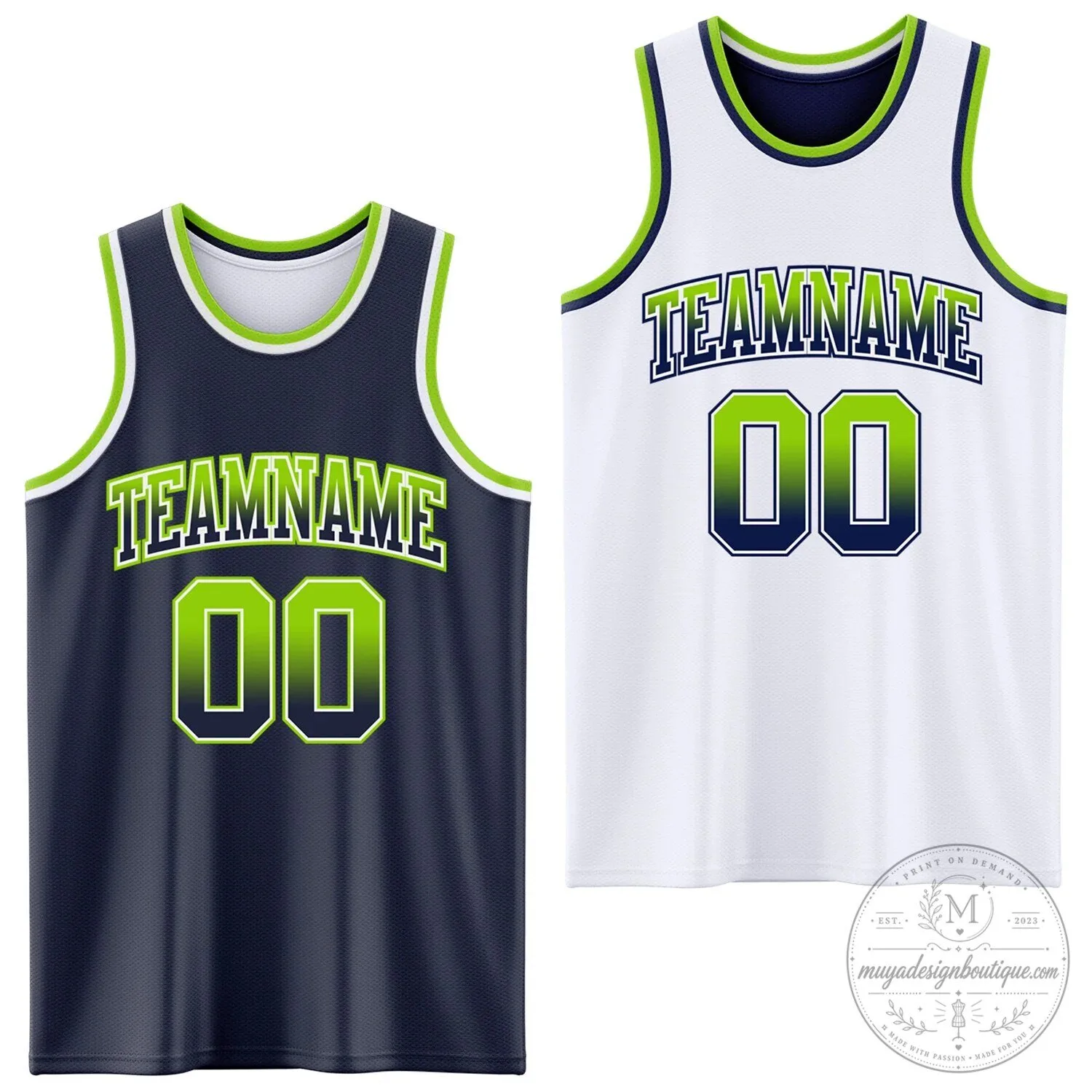 Custom Navy Blue and White Reversible Basketball Jersey with Green Trim