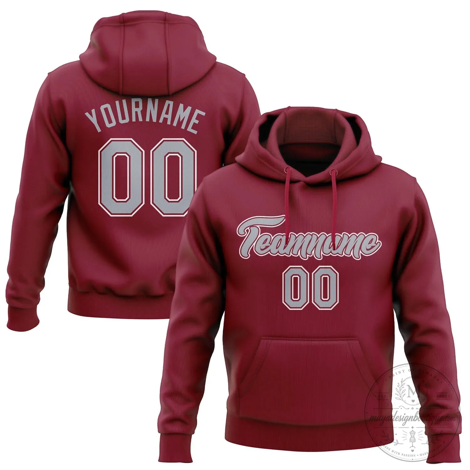 Custom Stitched Crimson Gray White Pullover Hoodie with Team Name and Number