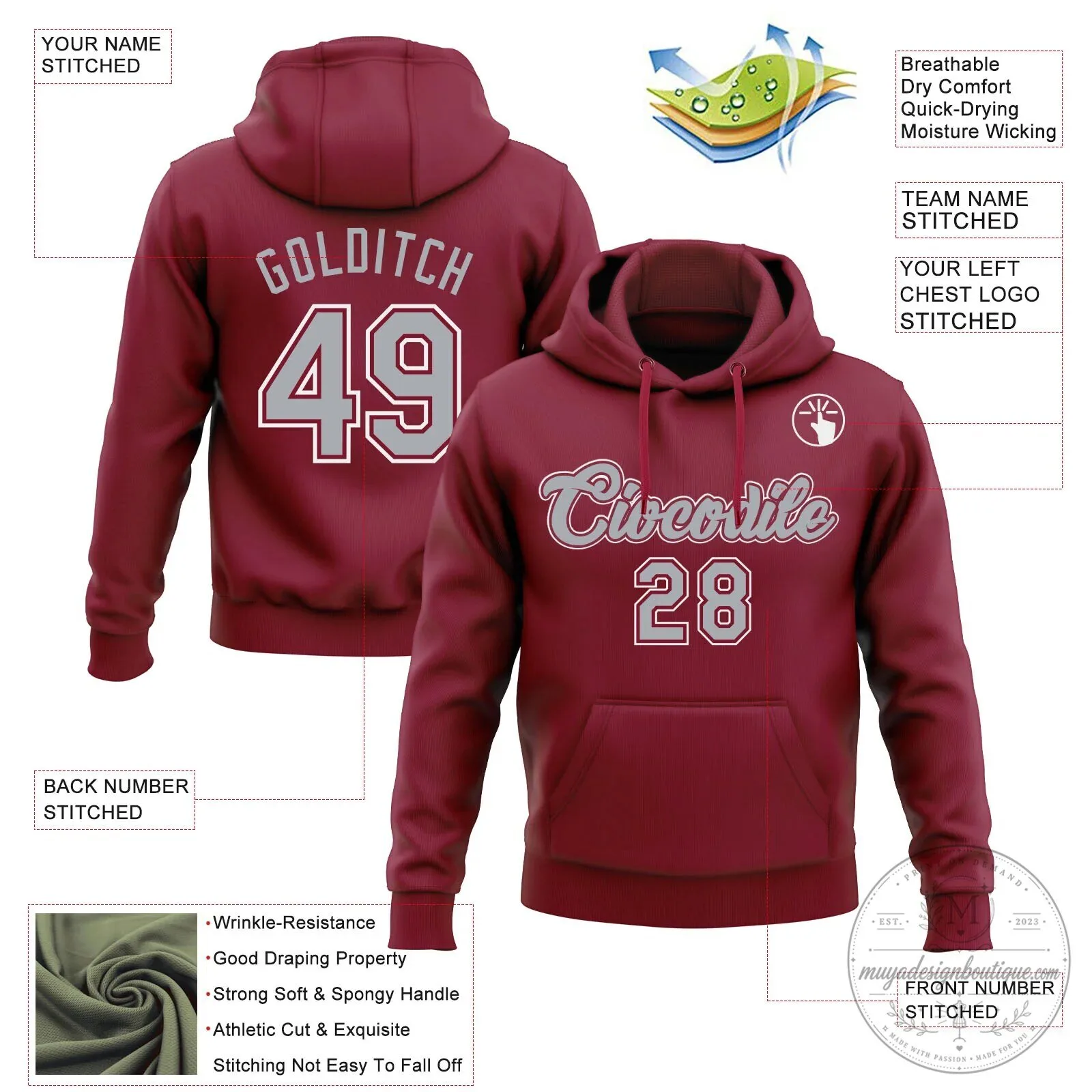 Custom Stitched Crimson Gray White Pullover Hoodie with Team Name and Number 9 Custom Stitched Crimson Gray White Pullover Hoodie with Team Name and Number