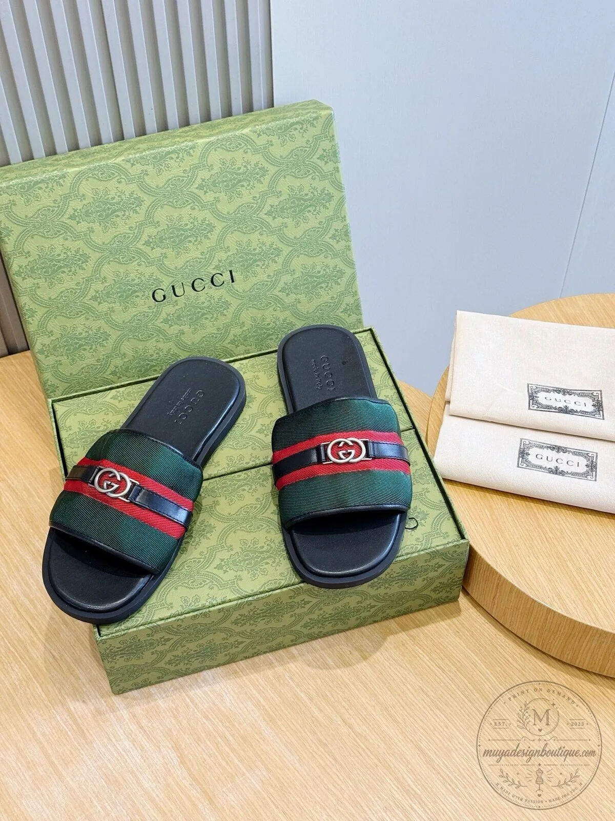 Gucci Green and Red Web Stripe Slide Sandals for Men and Women