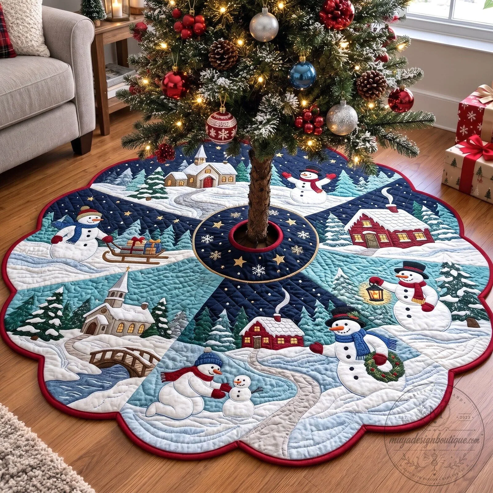 Christmas Snowman Winter Village Quilted Holiday Tree Skirt