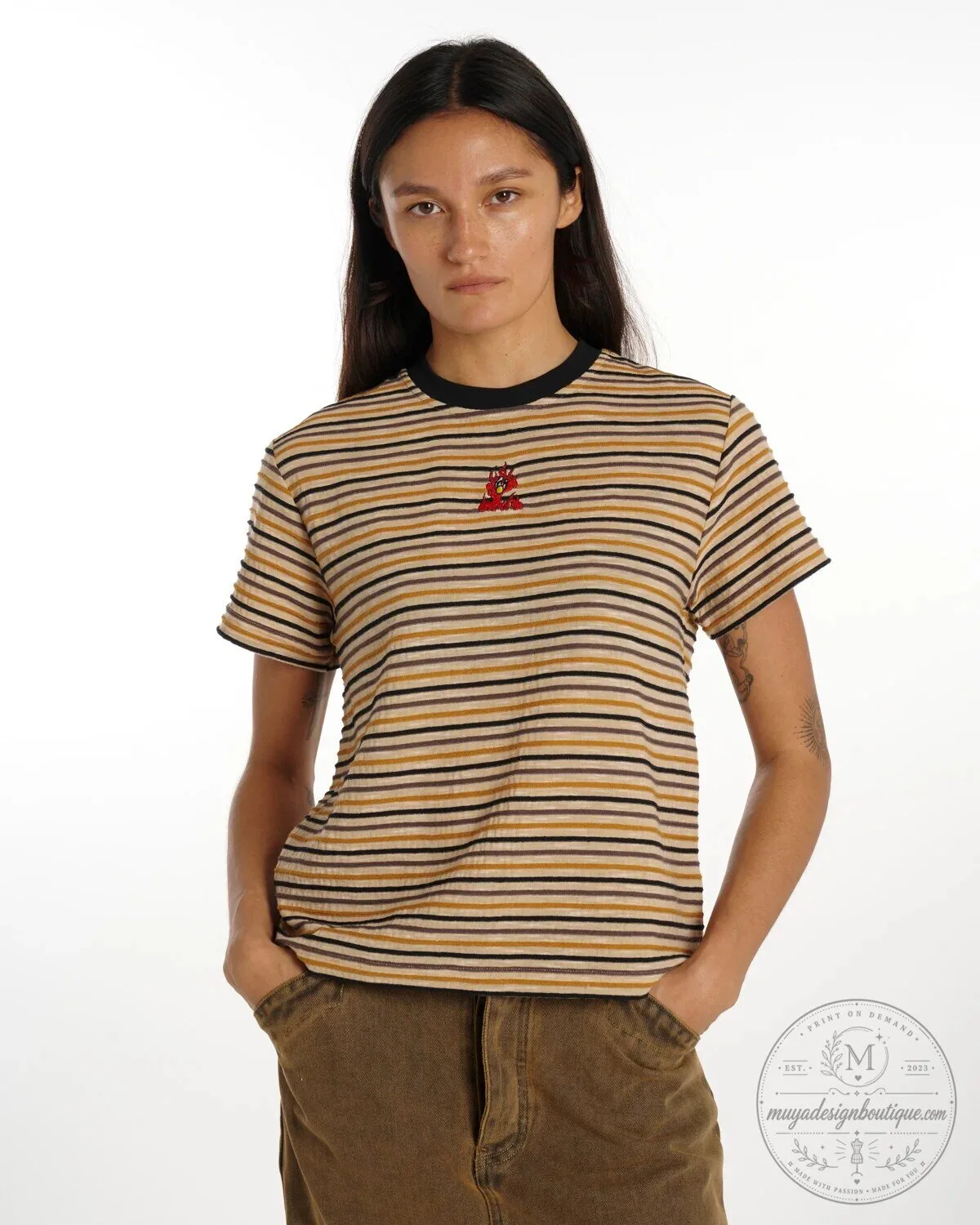 Flame Baby Devil Striped Short Sleeve T-Shirt for Women 9 Flame Baby Devil Striped Short Sleeve T-Shirt for Women